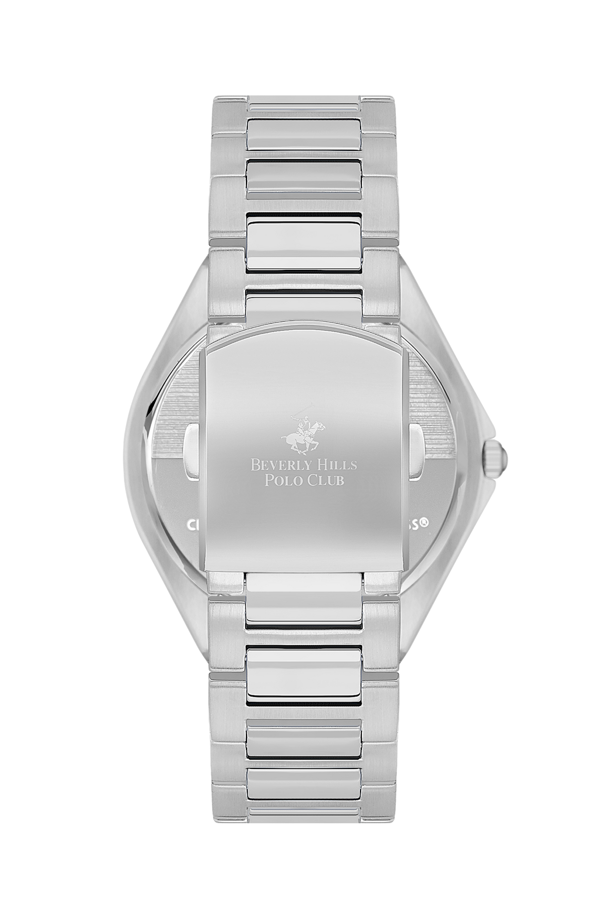 Caseback of Beverly Hills Polo Club silver watch with engraved logo