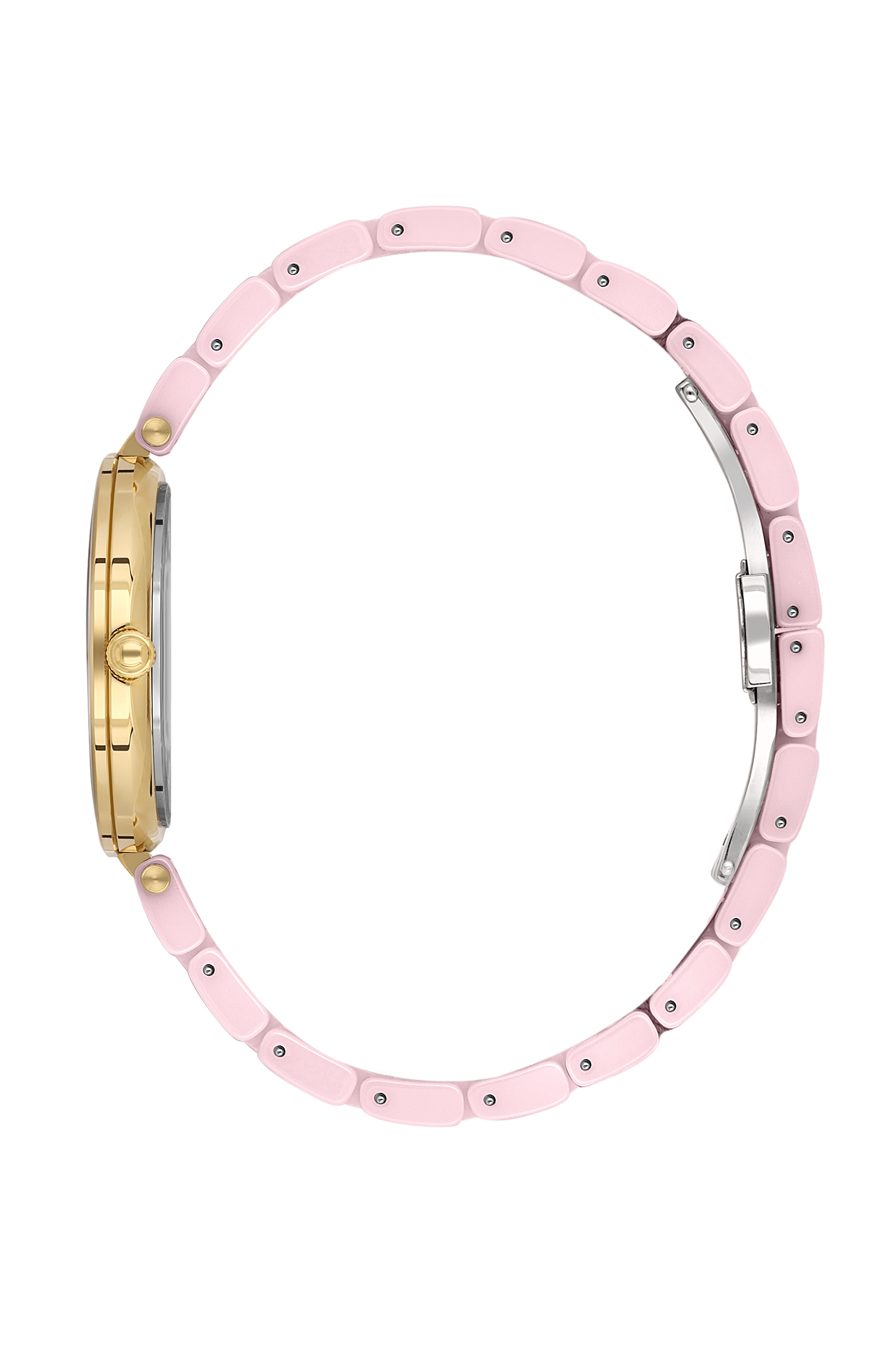 Case back view of pink ceramic watch showing solid back and side profile with gold and pink tones