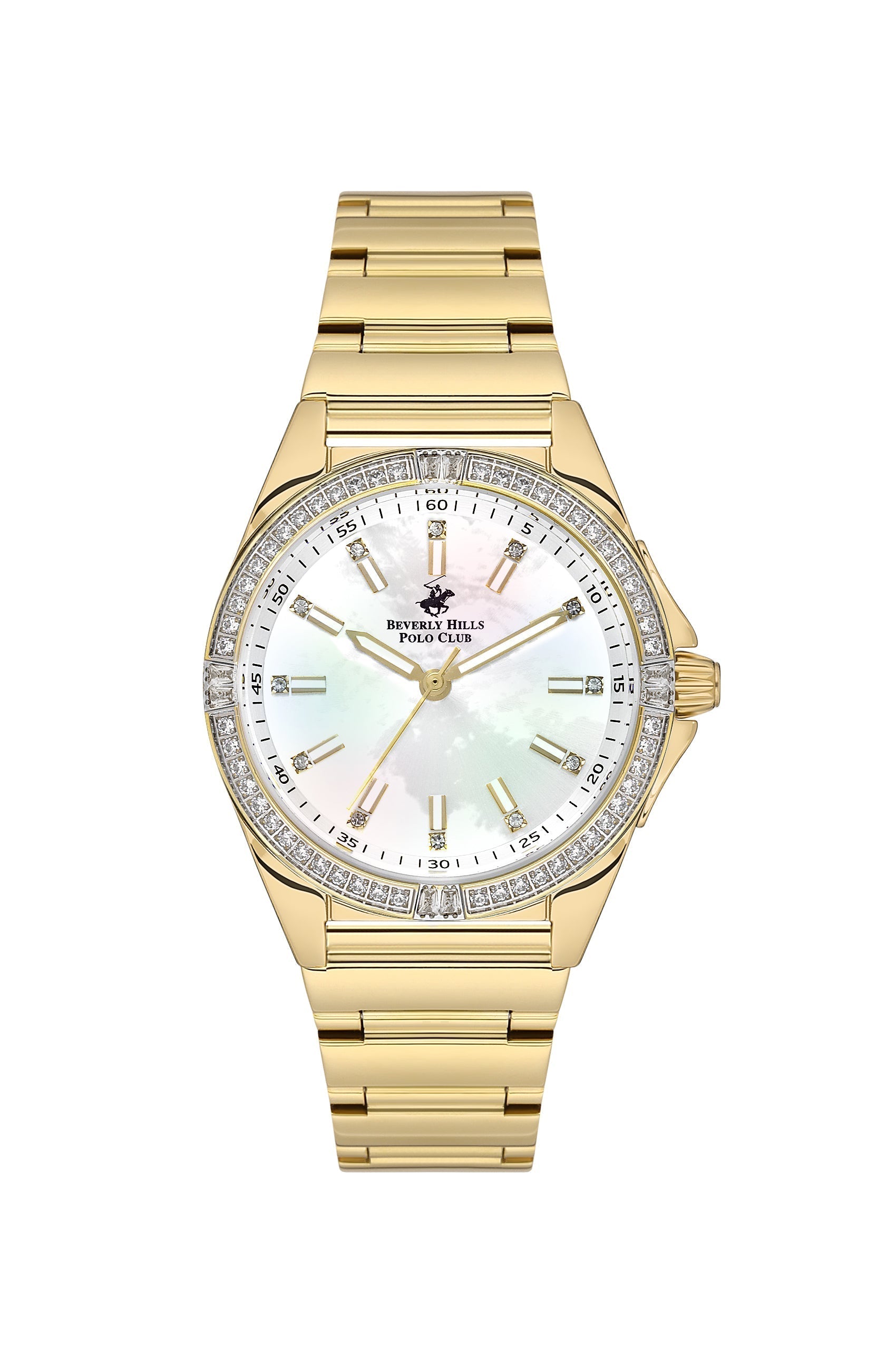 Beverly Hills Polo Club gold watch with mother-of-pearl dial and diamond bezel