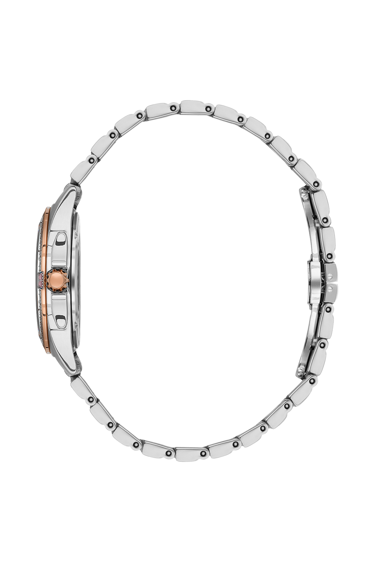 Side view of two-tone watch showing silver and rose gold stainless steel bracelet with diamond bezel