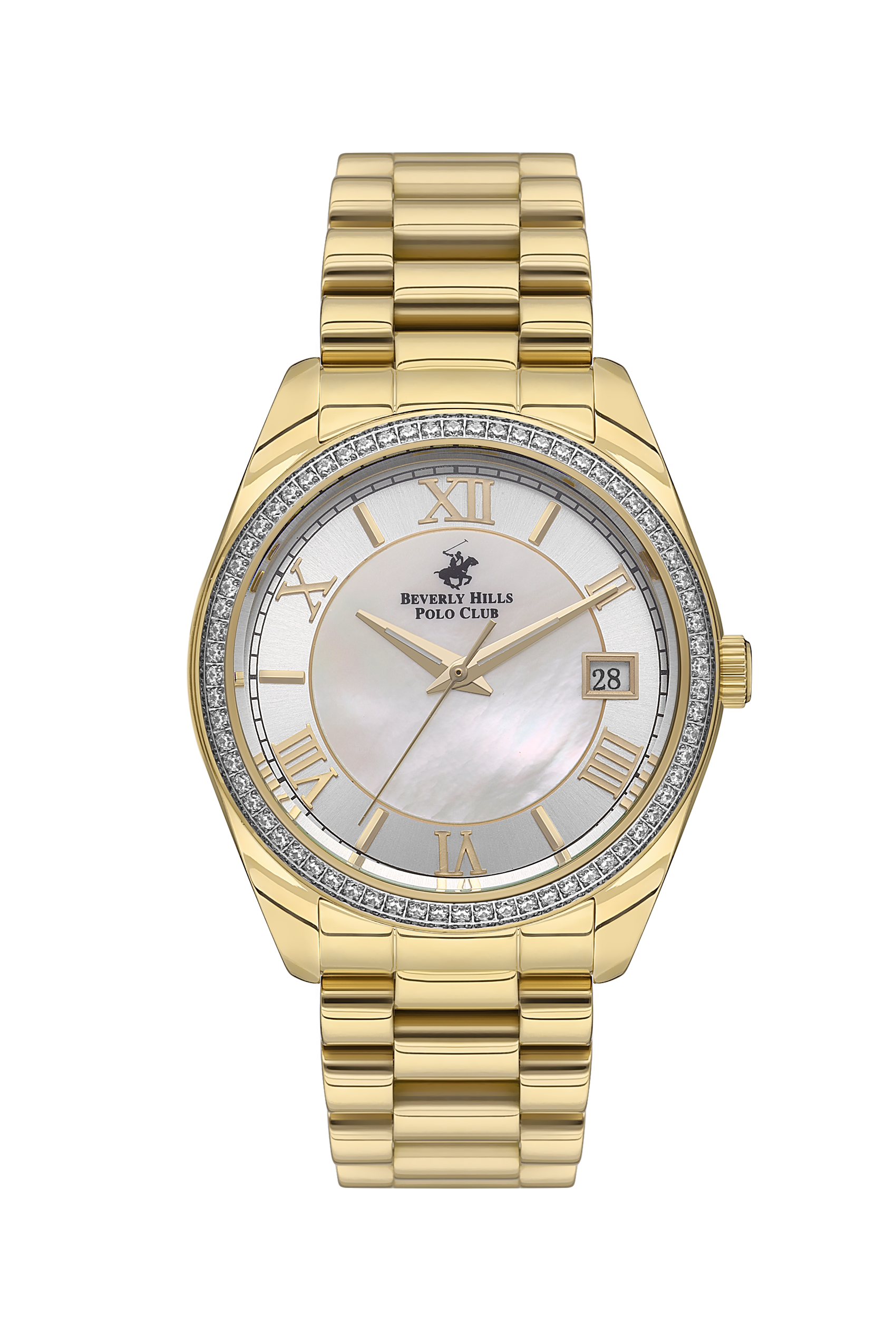 Beverly Hills Polo Club 36mm gold watch with mother of pearl dial and crystal bezel