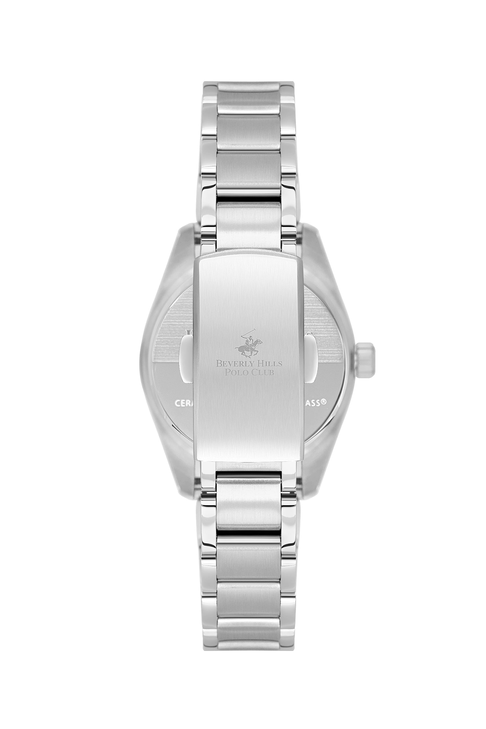 Caseback view of Beverly Hills Polo Club watch with silver stainless steel case and bracelet