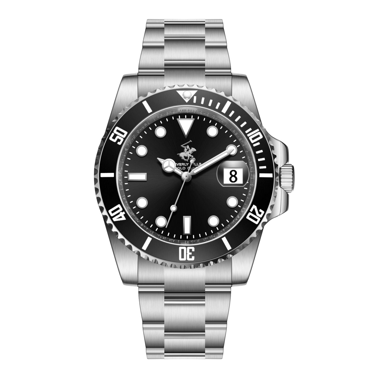 Beverly Hills Polo Club BP3791X.350 silver stainless steel watch with black dial and date window, front view