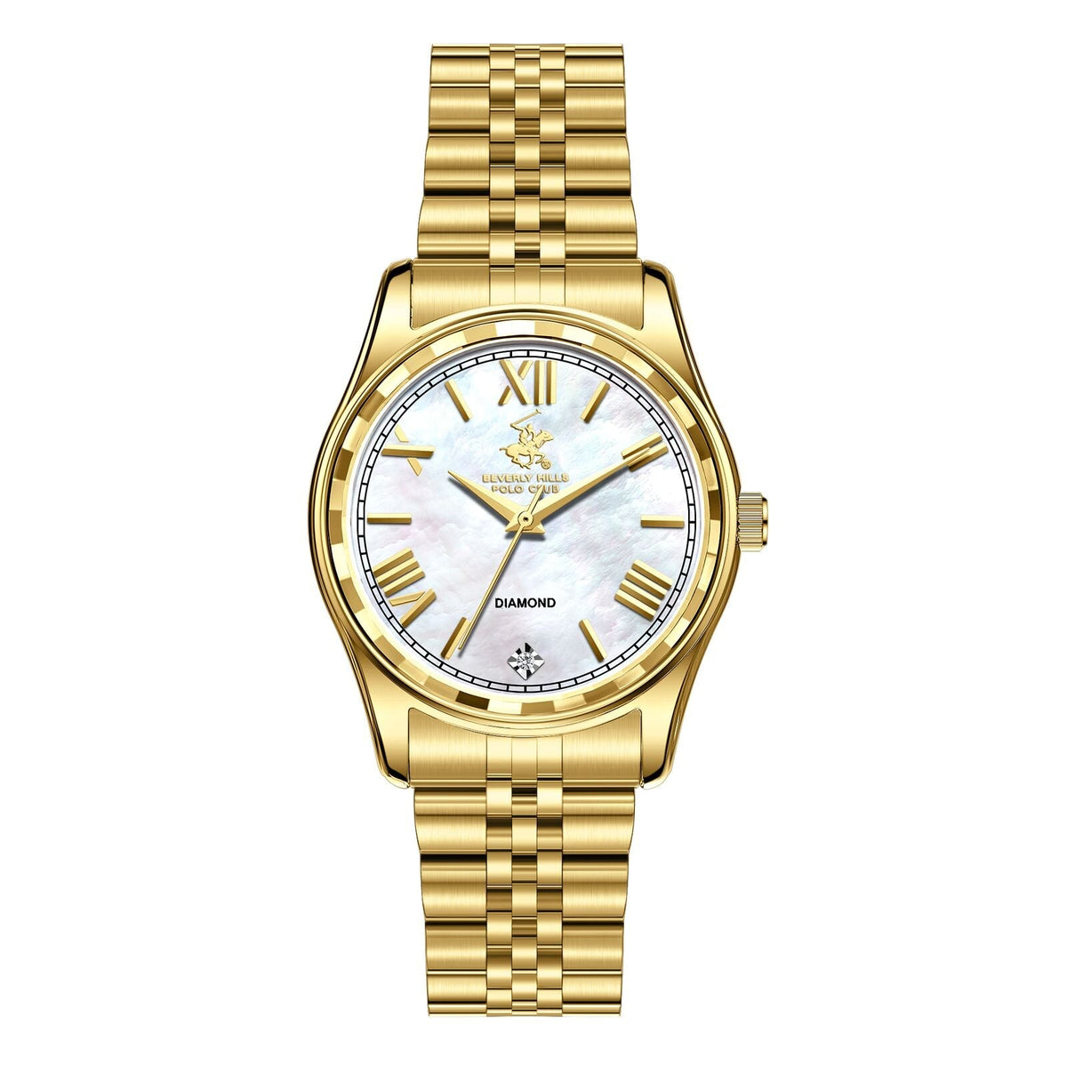 Beverly Hills Polo Club gold watch with mother of pearl dial and diamond markers, Roman numeral indices