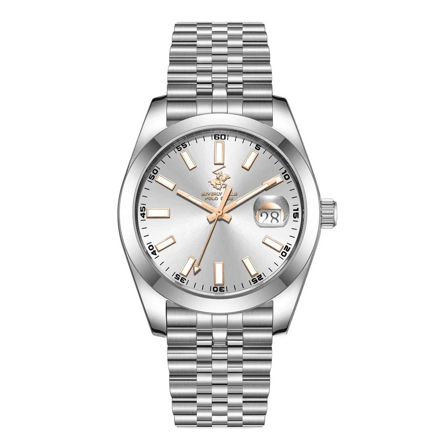 Beverly Hills Polo Club BP3810X.330 silver stainless steel men's watch with grey dial, date window, and rose gold hands