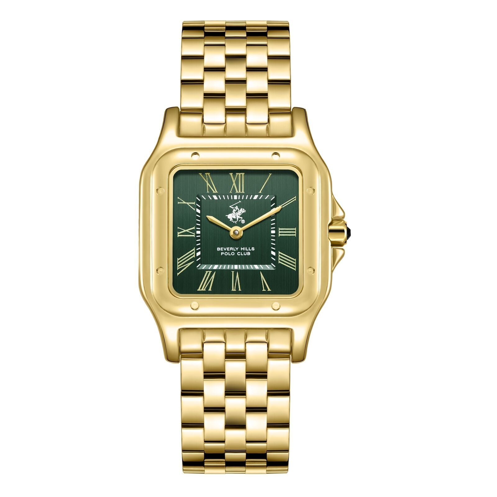 Beverly Hills Polo Club all gold square watch with green dial and Roman numerals