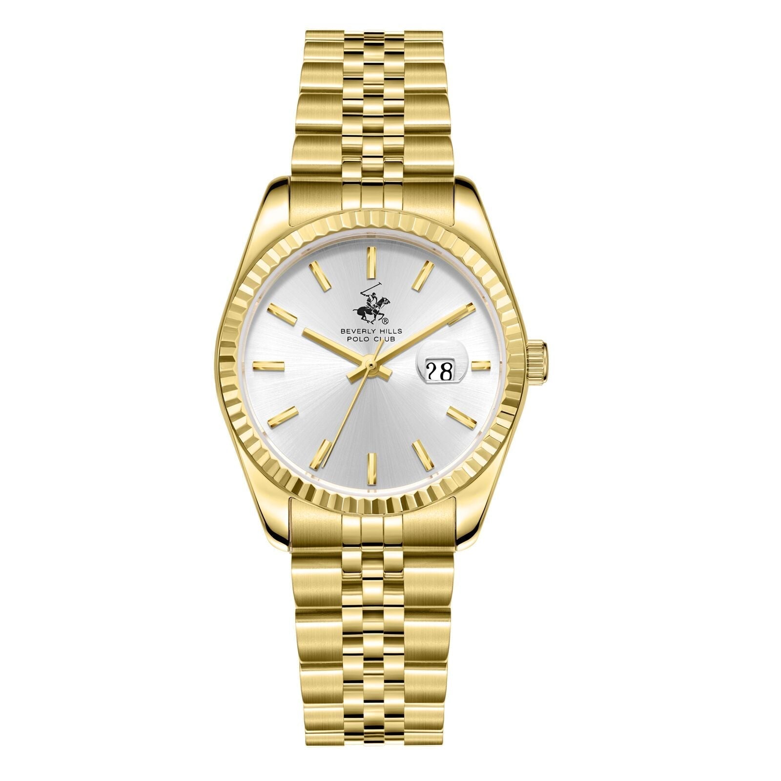 Beverly Hills Polo Club BP3827X gold women's watch with silver dial and date window, front view