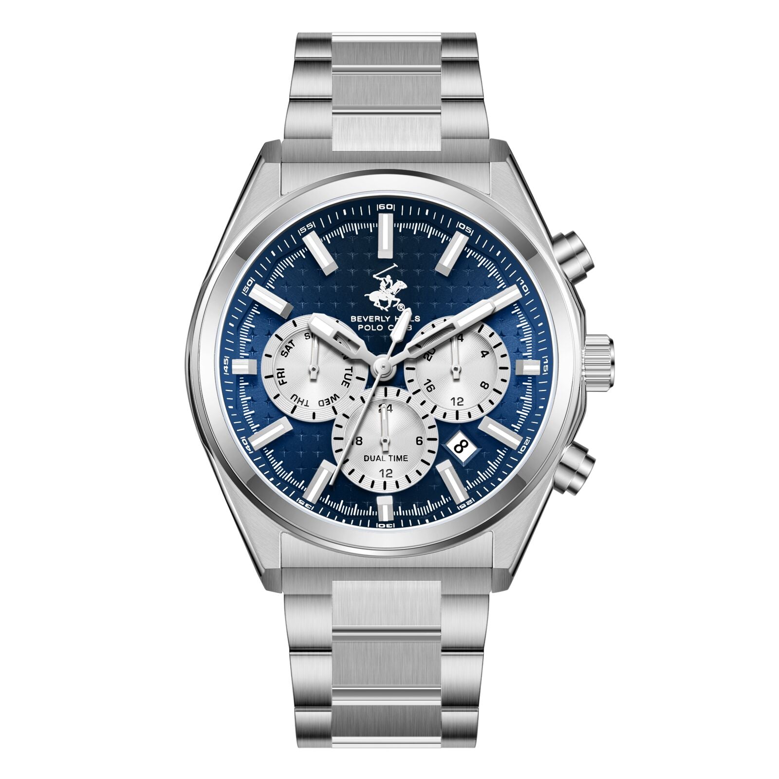 Beverly Hills Polo Club BP3831X.390 watch with blue chronograph dial, silver case and bracelet