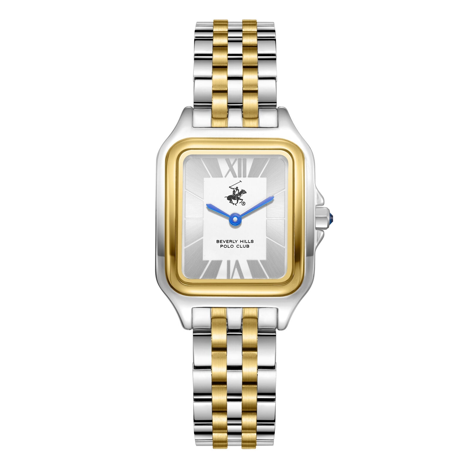 Beverly Hills Polo Club blue steel two-tone watch with rectangular case and Roman numeral dial