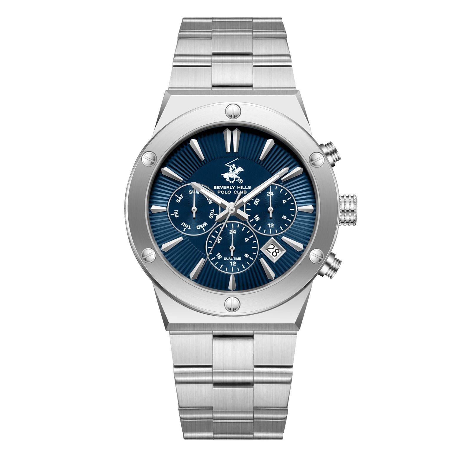 Beverly Hills Polo Club BP3871X silver dual time watch with blue dial and chronograph