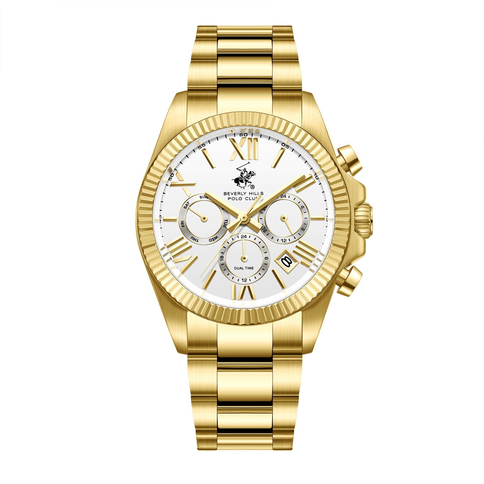 Beverly Hills Polo Club all-gold multifunction chronograph watch with white dial