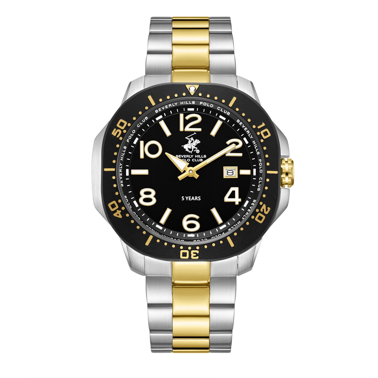 Beverly Hills Polo Club two-tone watch with black dial, gold and silver bracelet, and date window