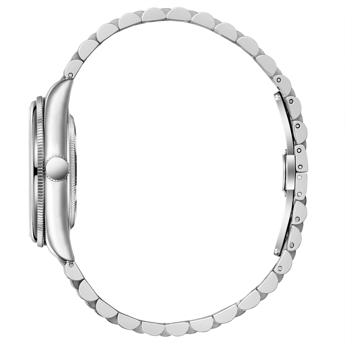 Beverly Hills Polo Club BP3890X.330 side profile showing case thickness and articulated silver bracelet