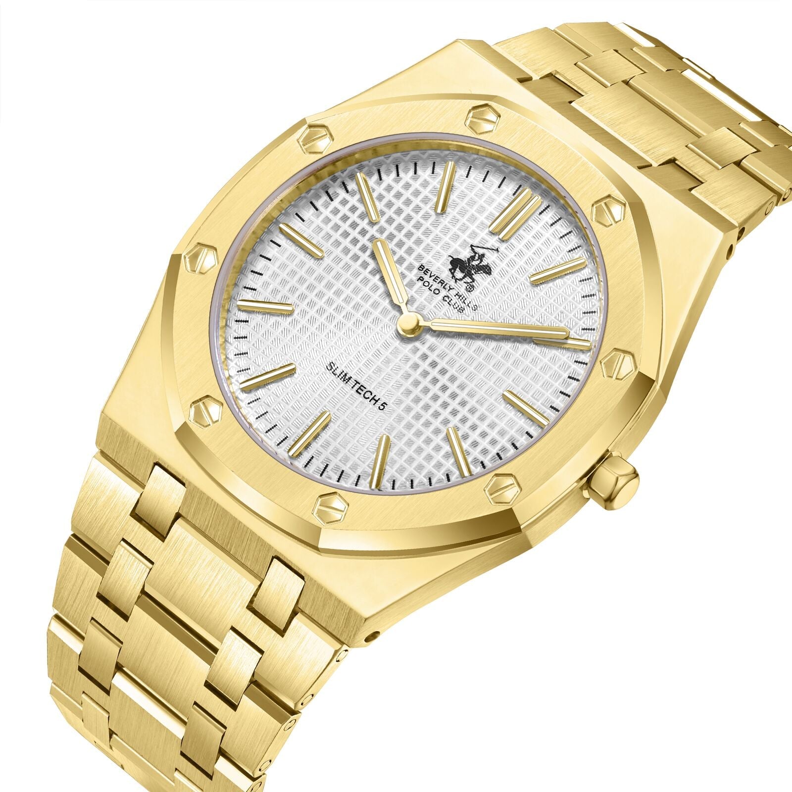 Angled view of all gold Slim Tech 5 watch showing dial and bracelet details