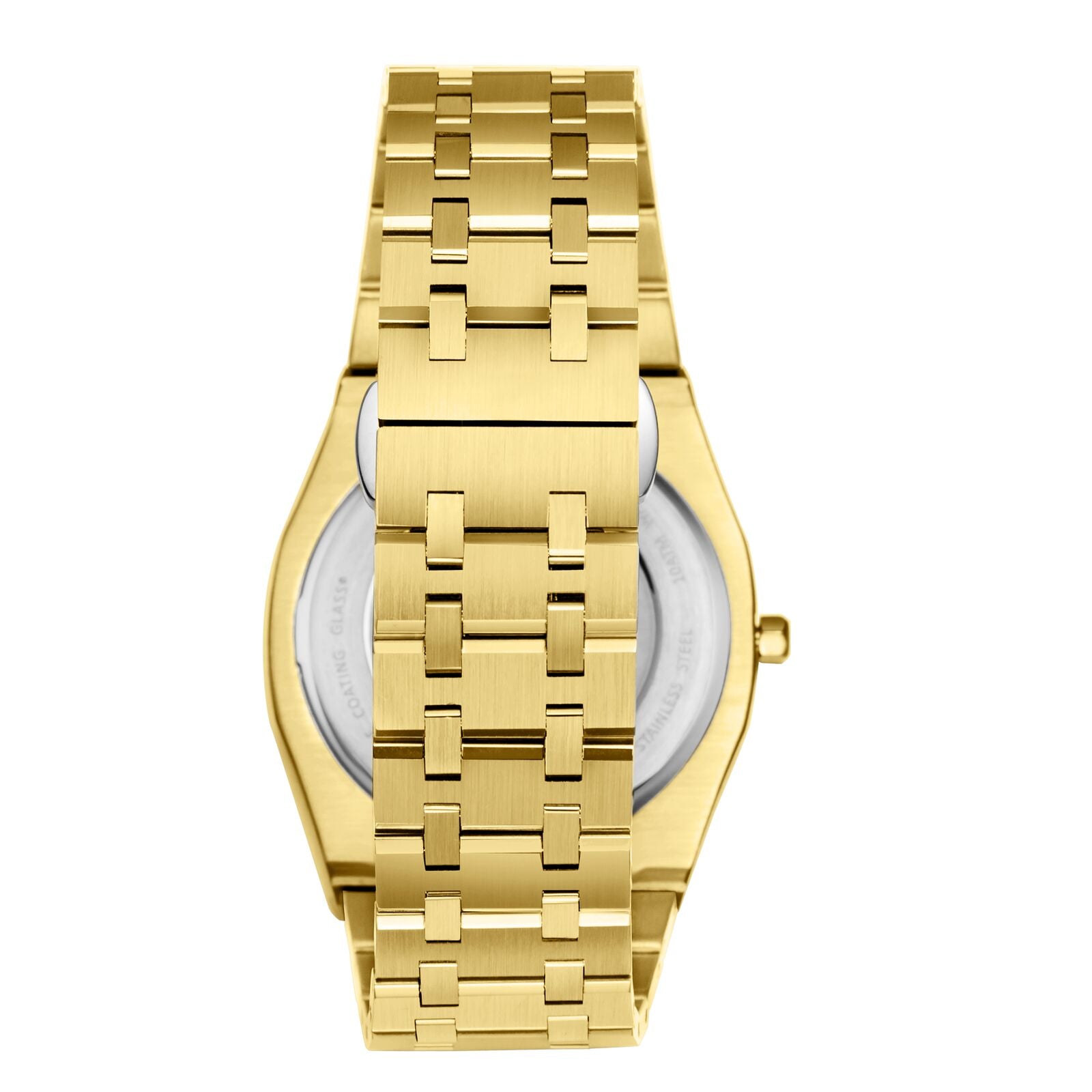 Caseback view of all gold Slim Tech 5 watch showing case and bracelet attachment