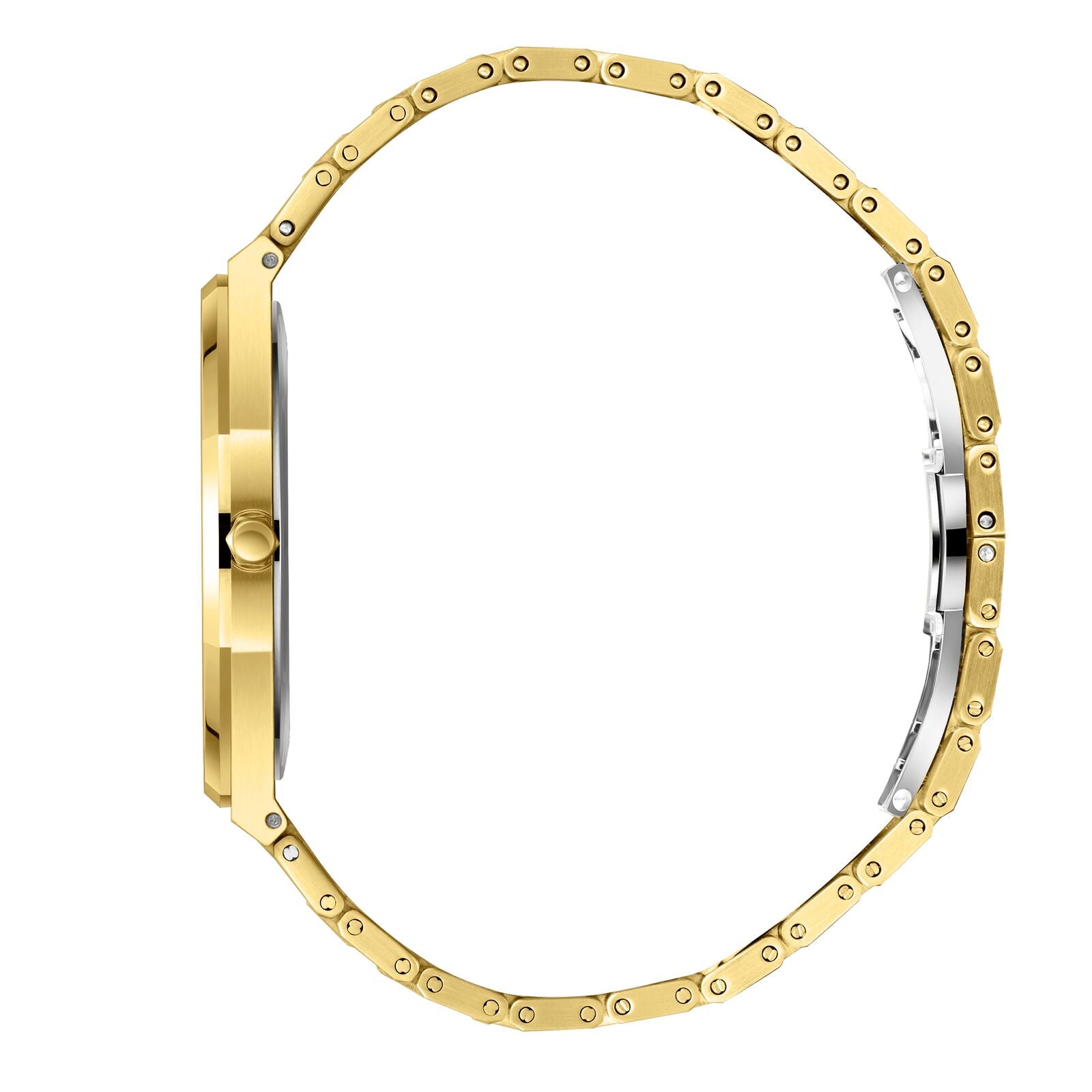 Side profile of gold watch case and bracelet showing thickness and band links