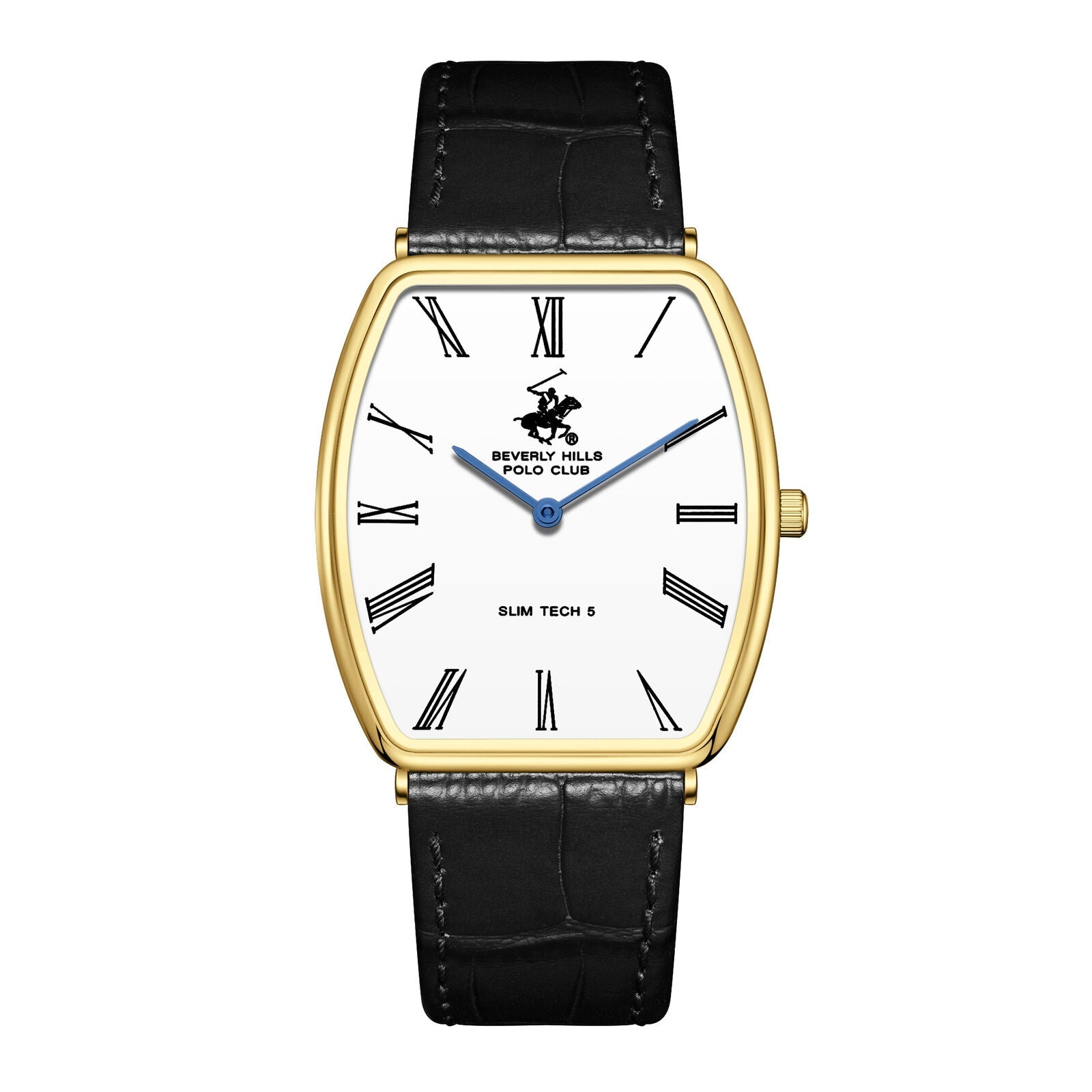 Beverly Hills Polo Club Slim Tech 5 gold tonneau watch with white dial and black leather strap