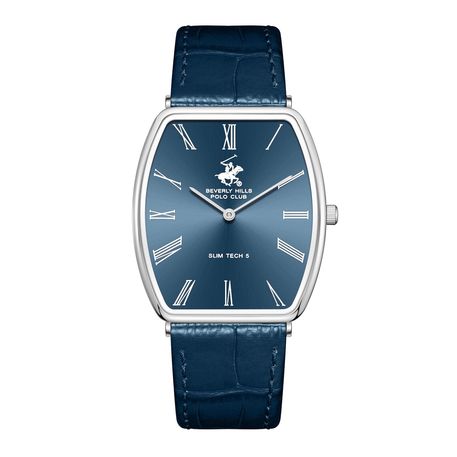 Beverly Hills Polo Club Slim Tech 5 blue dial watch with silver tonneau case and blue leather strap