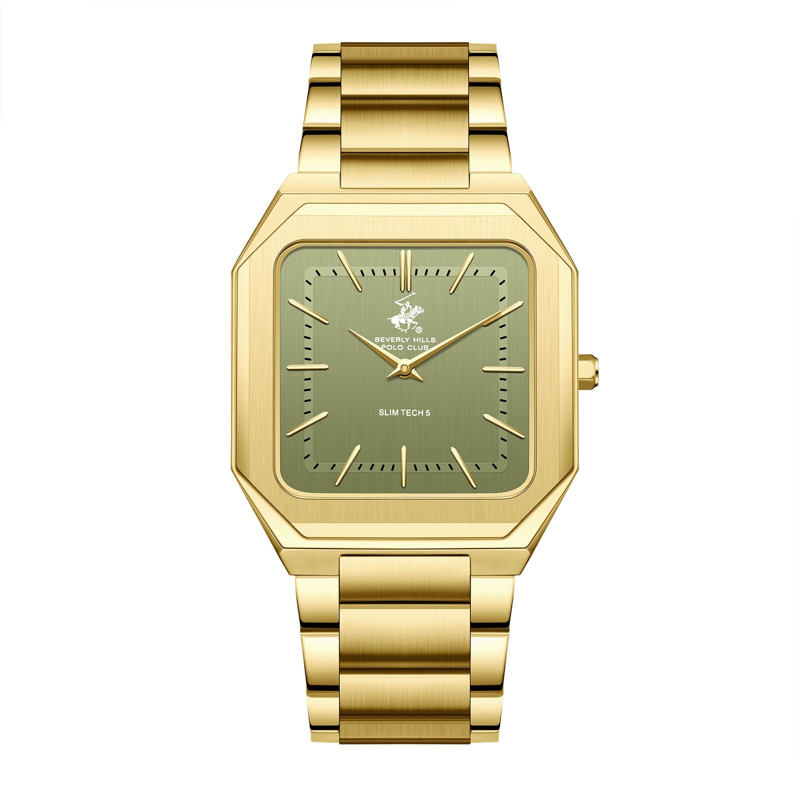Beverly Hills Polo Club Slim Tech 5 gold watch with green dial and square case
