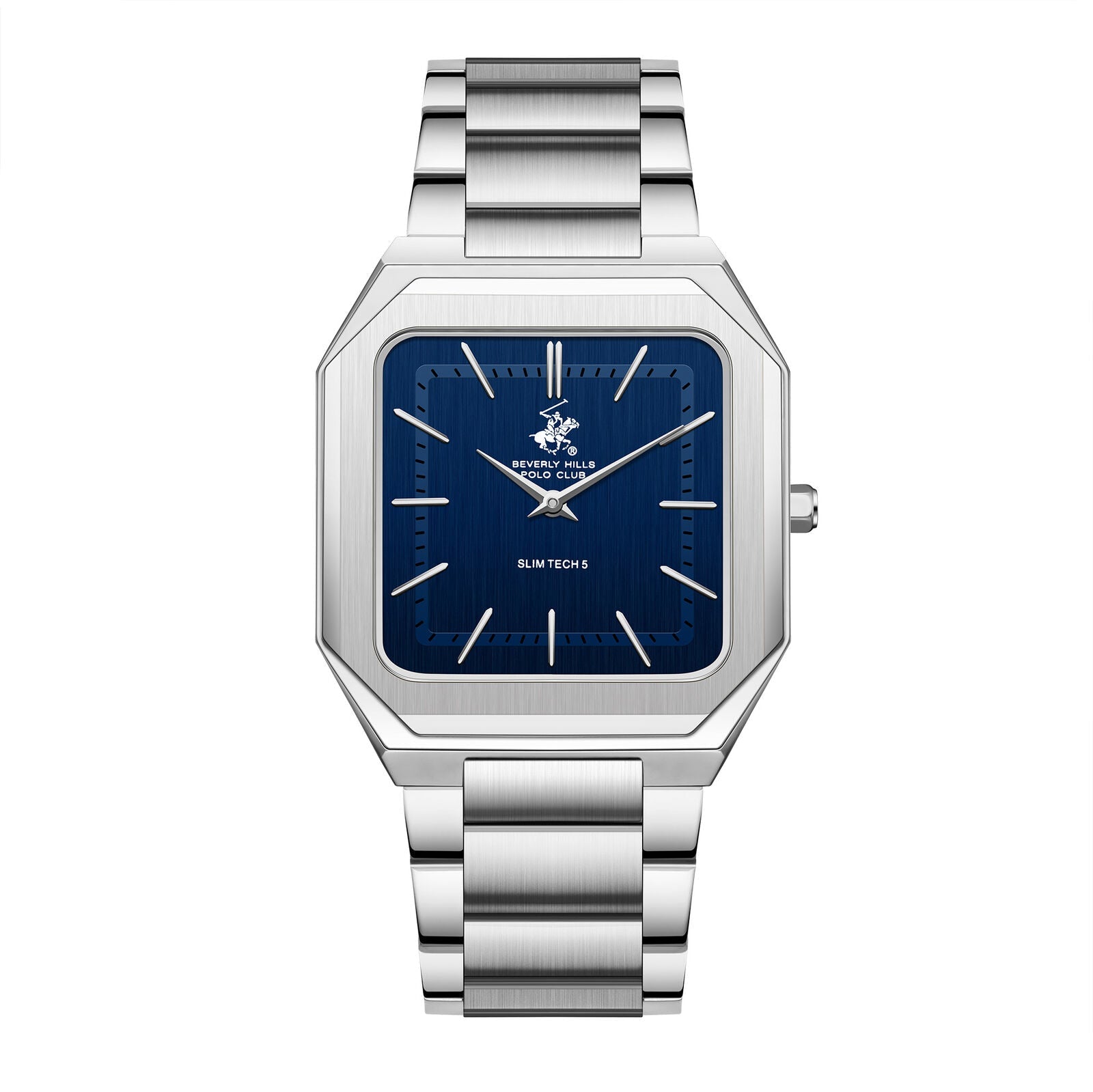 Beverly Hills Polo Club Slim Tech 5 square watch with blue dial and silver stainless steel bracelet