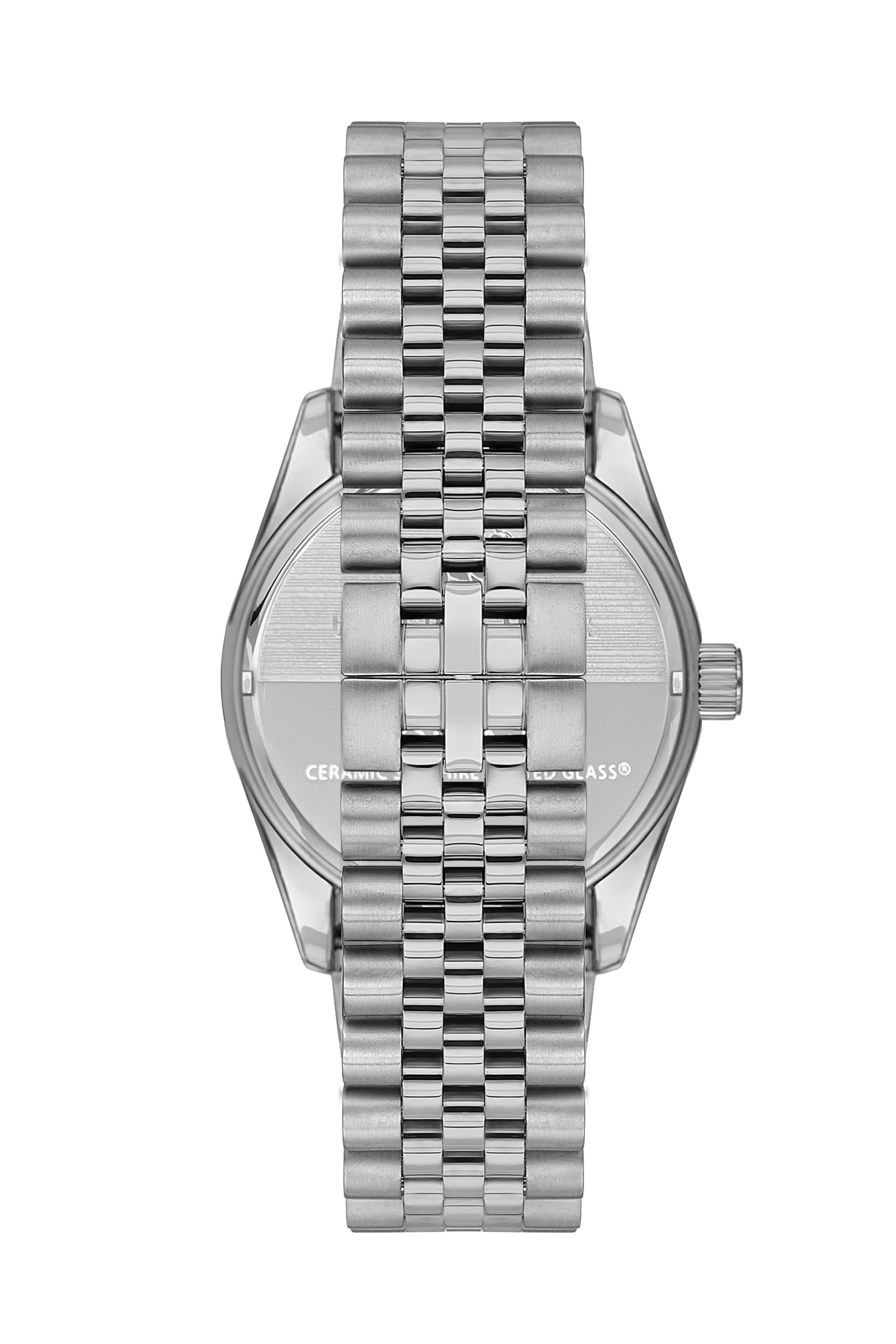 Angled view of Beverly Hills Polo Club silver watch with orange dial