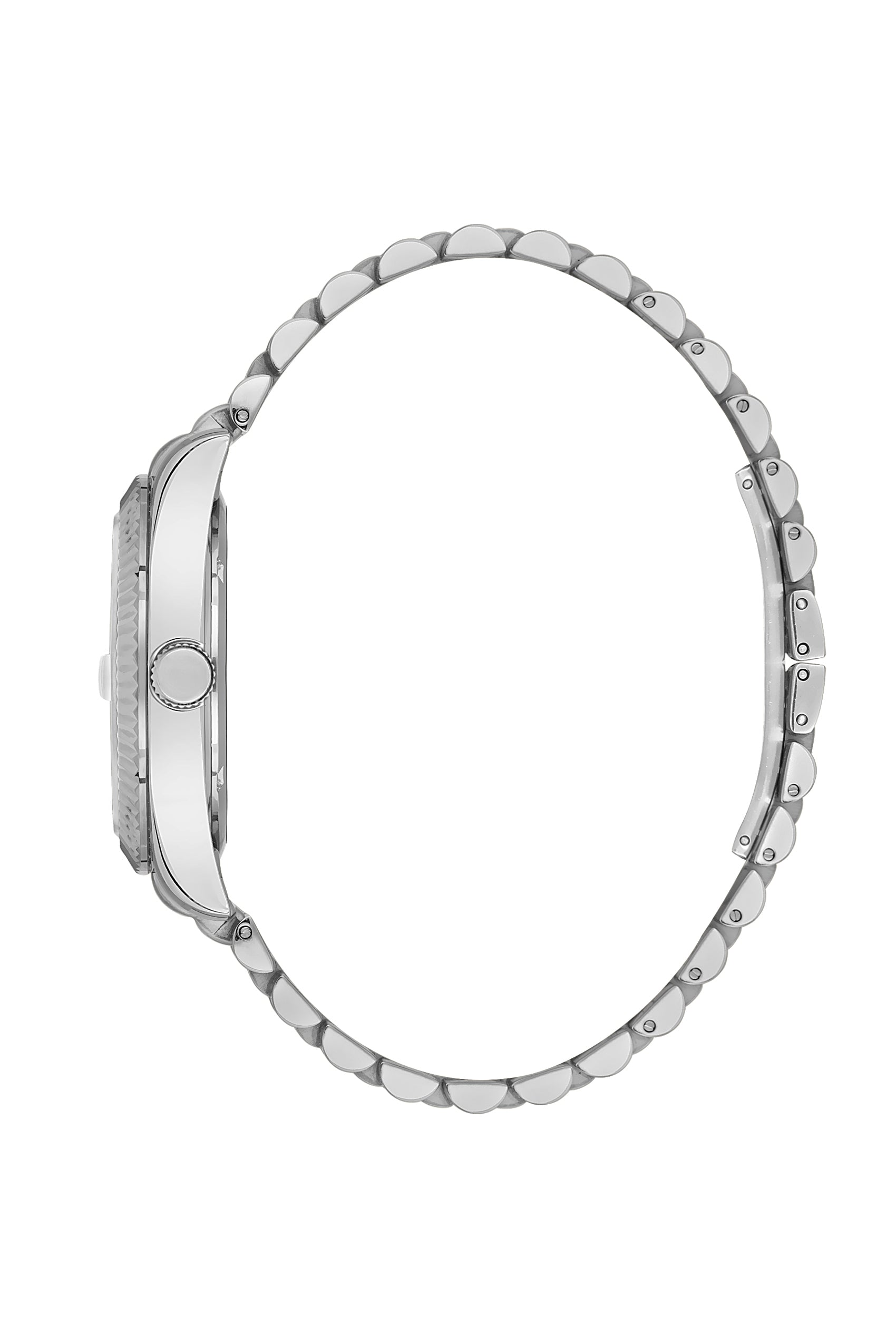 Side view of Beverly Hills Polo Club silver watch showing case profile and bracelet