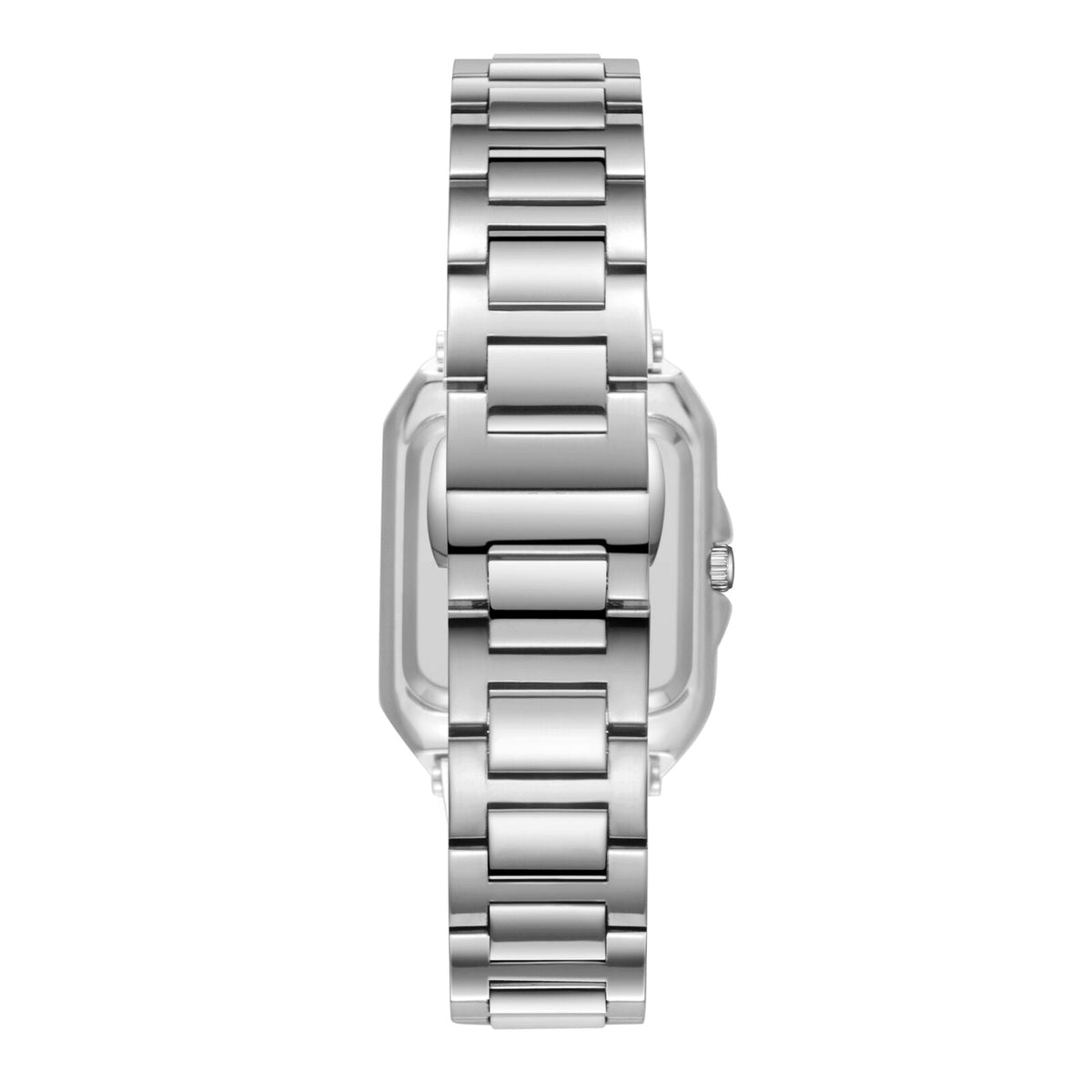 Side view of silver square watch showing case profile and bracelet