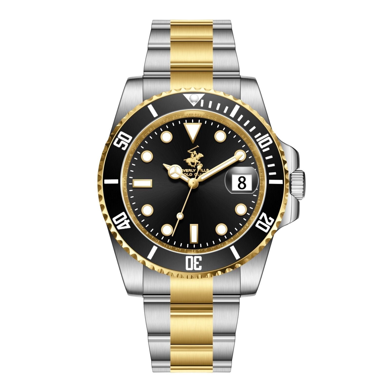 Beverly Hills Polo Club two-tone black dial watch with date window, gold and silver stainless steel