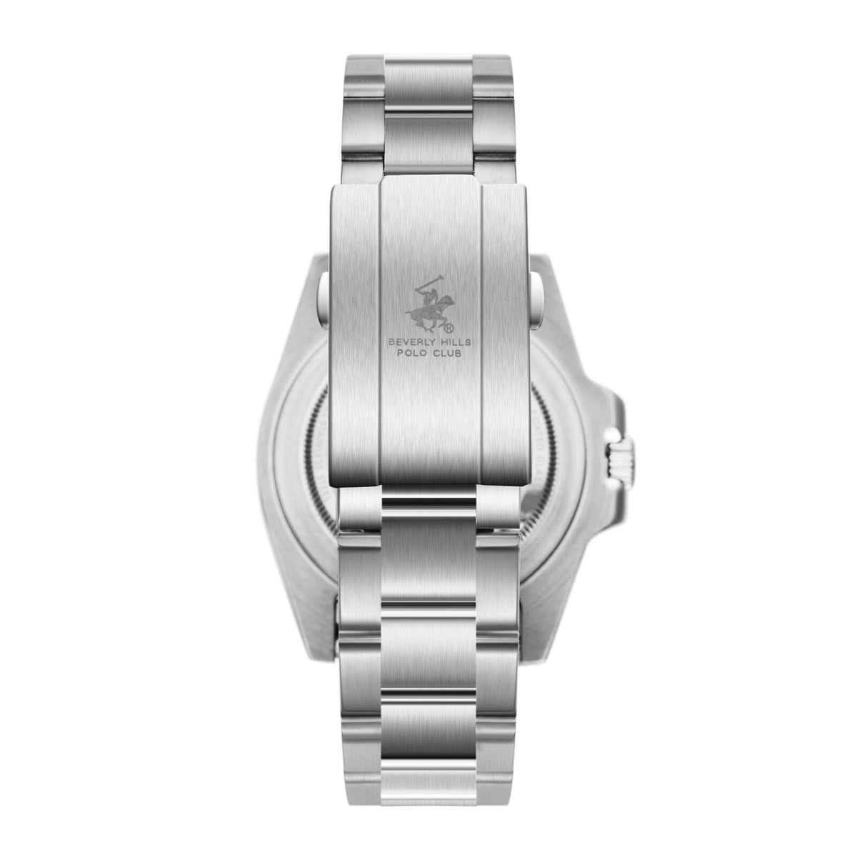Caseback of Beverly Hills Polo Club BP3791X watch with engraved logo and text on silver stainless steel