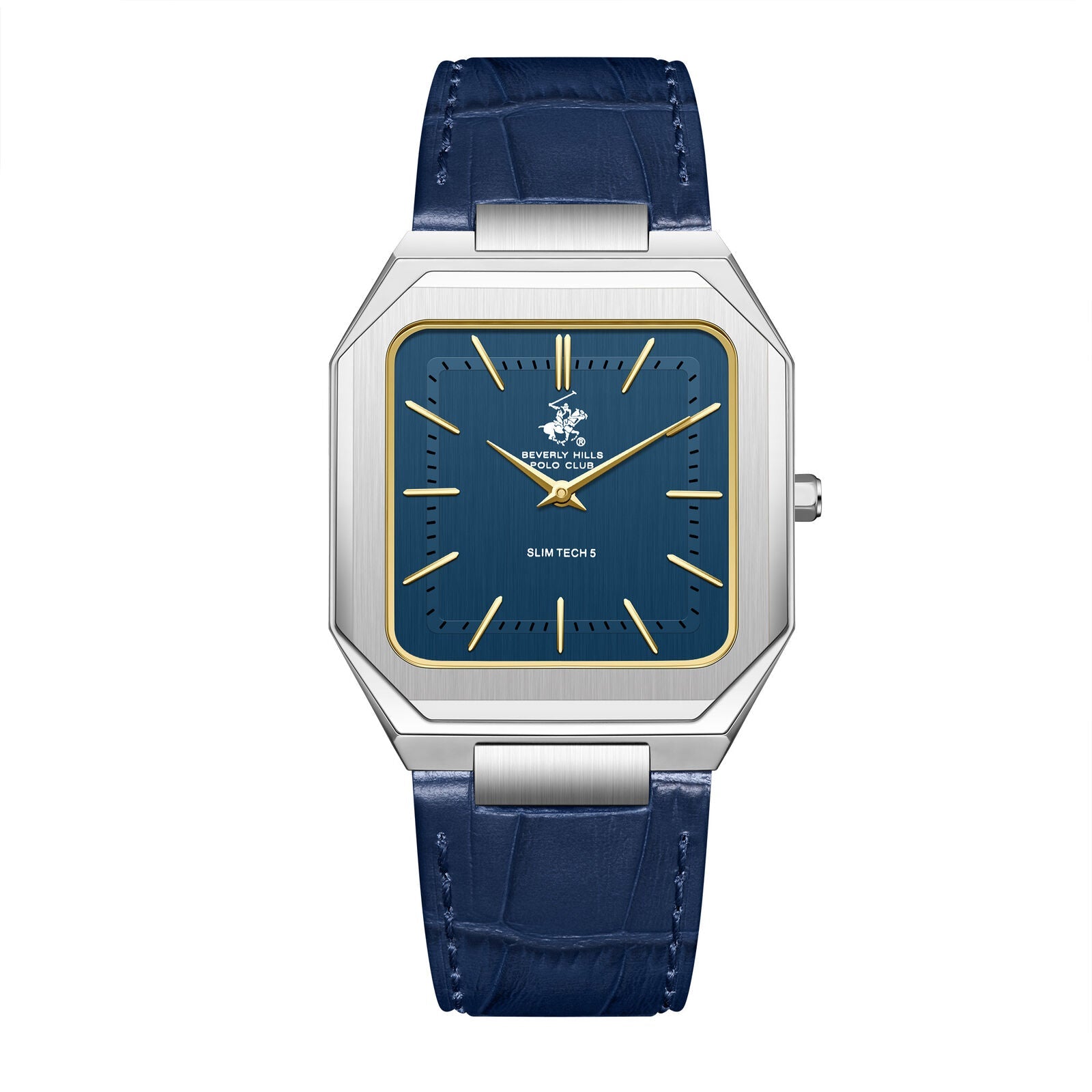 Beverly Hills Polo Club Slim Tech 5 blue dial silver watch with gold accents and navy leather strap