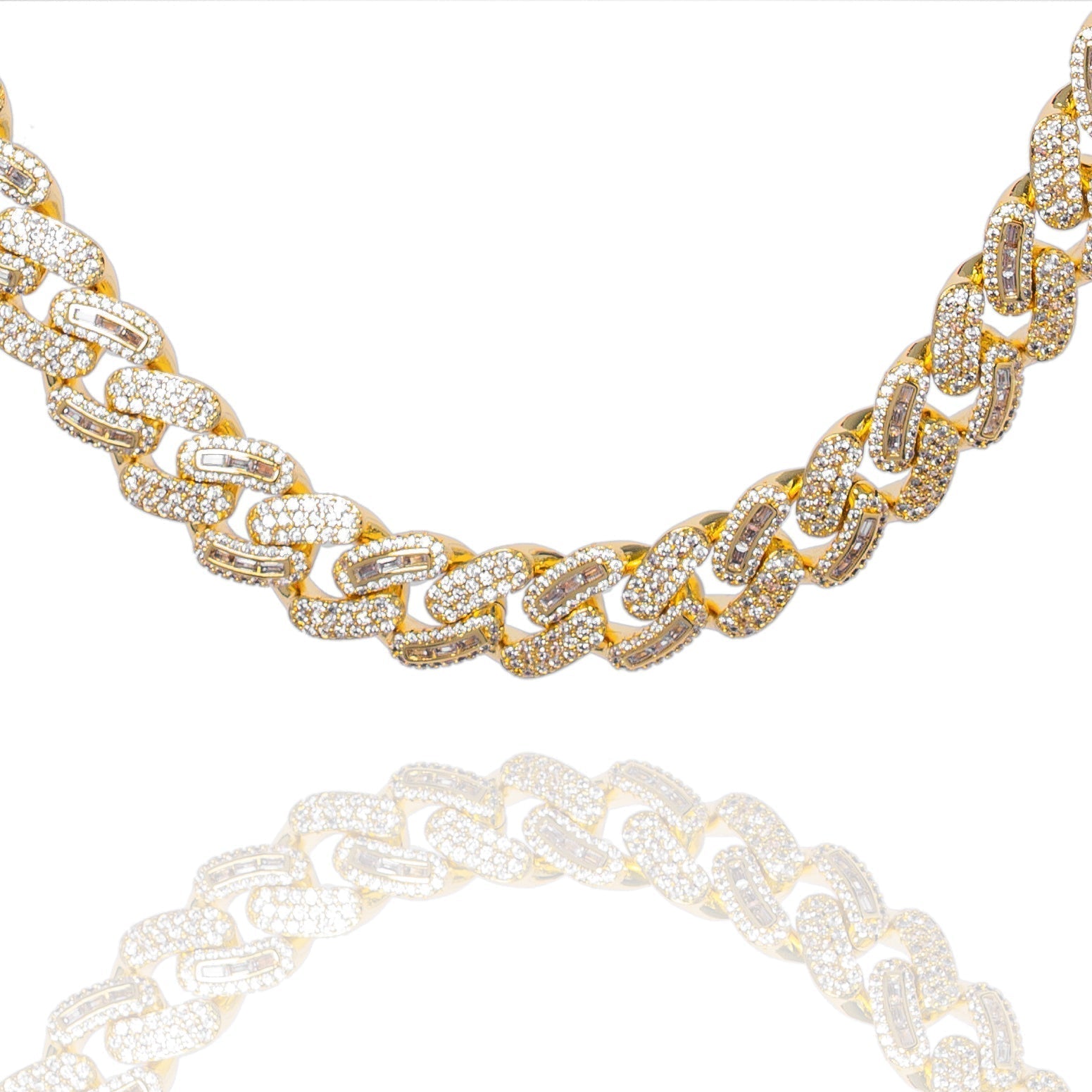 10mm gold baguette iced-out Cuban link chain draped horizontally