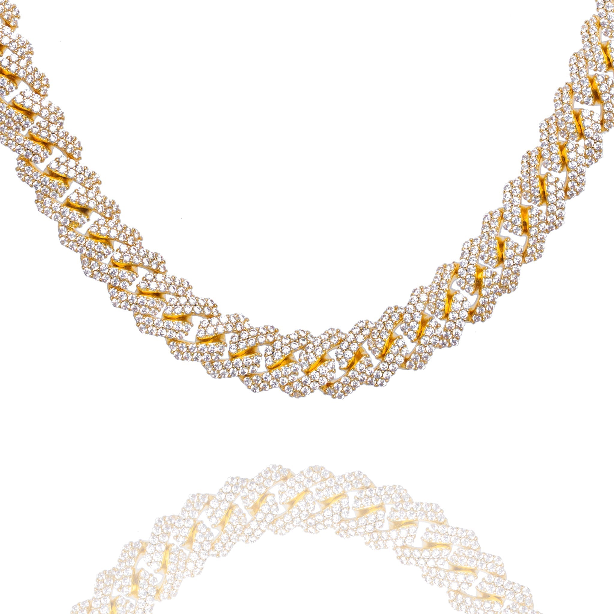 10MM straight edge Cuban diamond gold iced out chain displayed flat