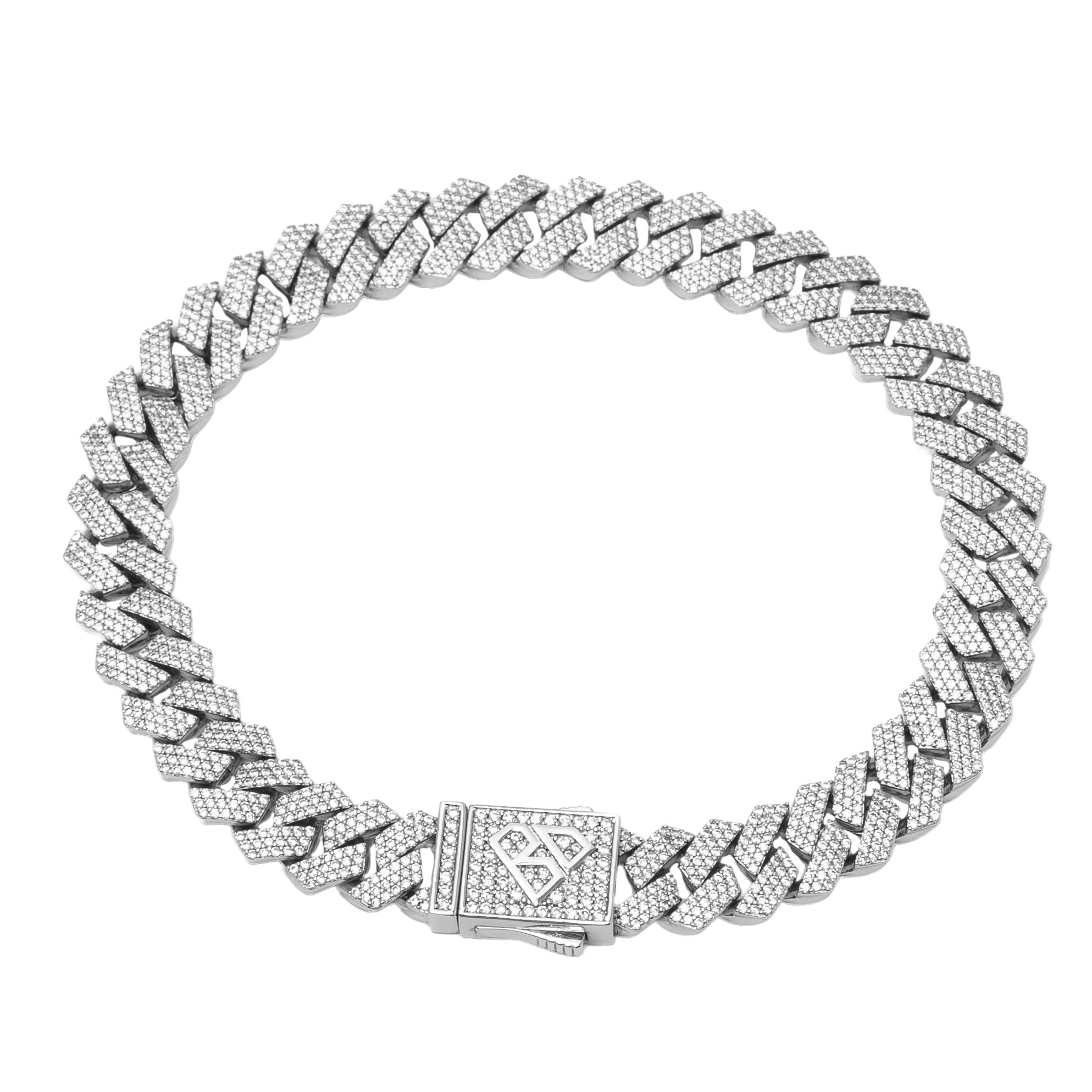 10MM Cuban diamond prong silver bracelet with iced-out links and pave setting