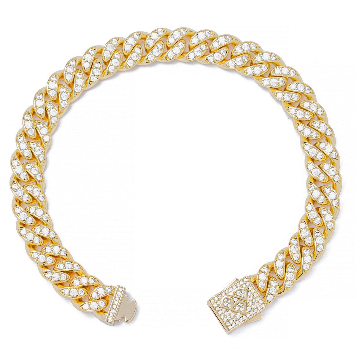 10MM Cuban link gold bracelet at angle showing diamond encrusted design and lobster clasp