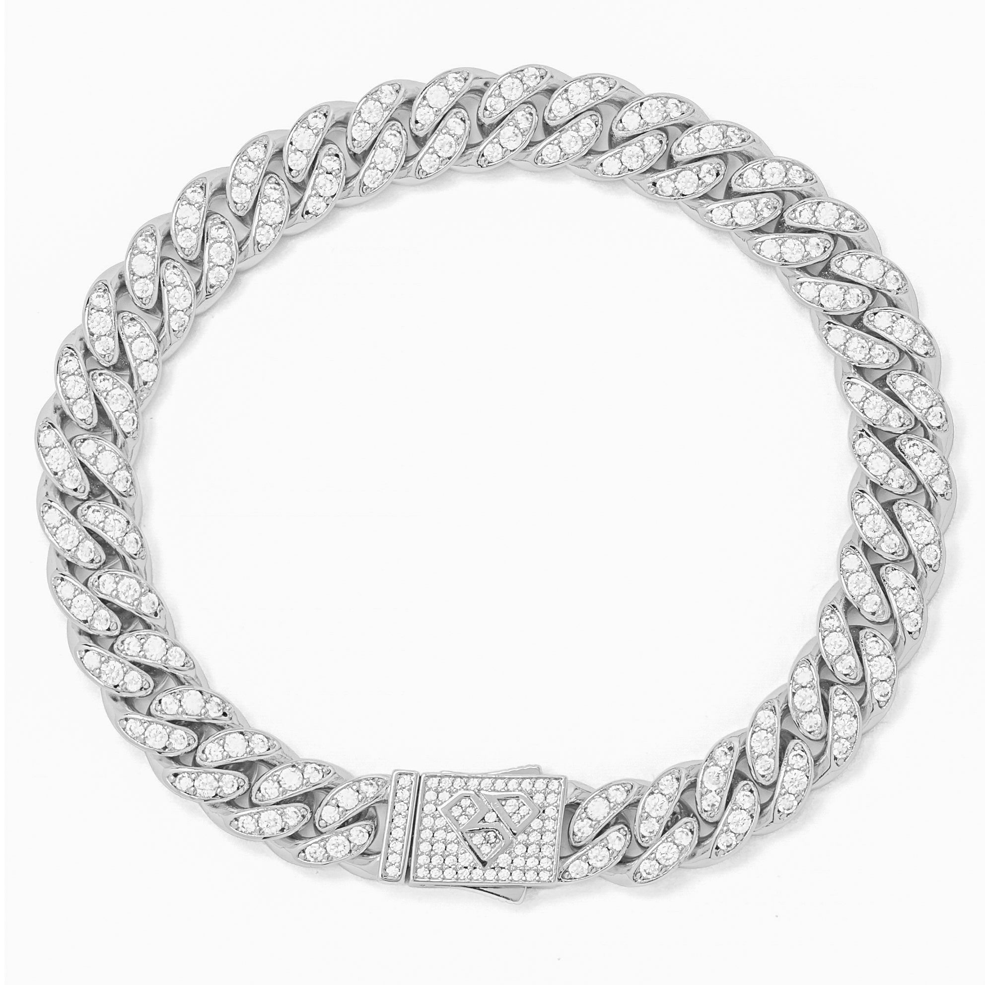 10MM iced out Cuban link silver bracelet with crystal-encrusted chain
