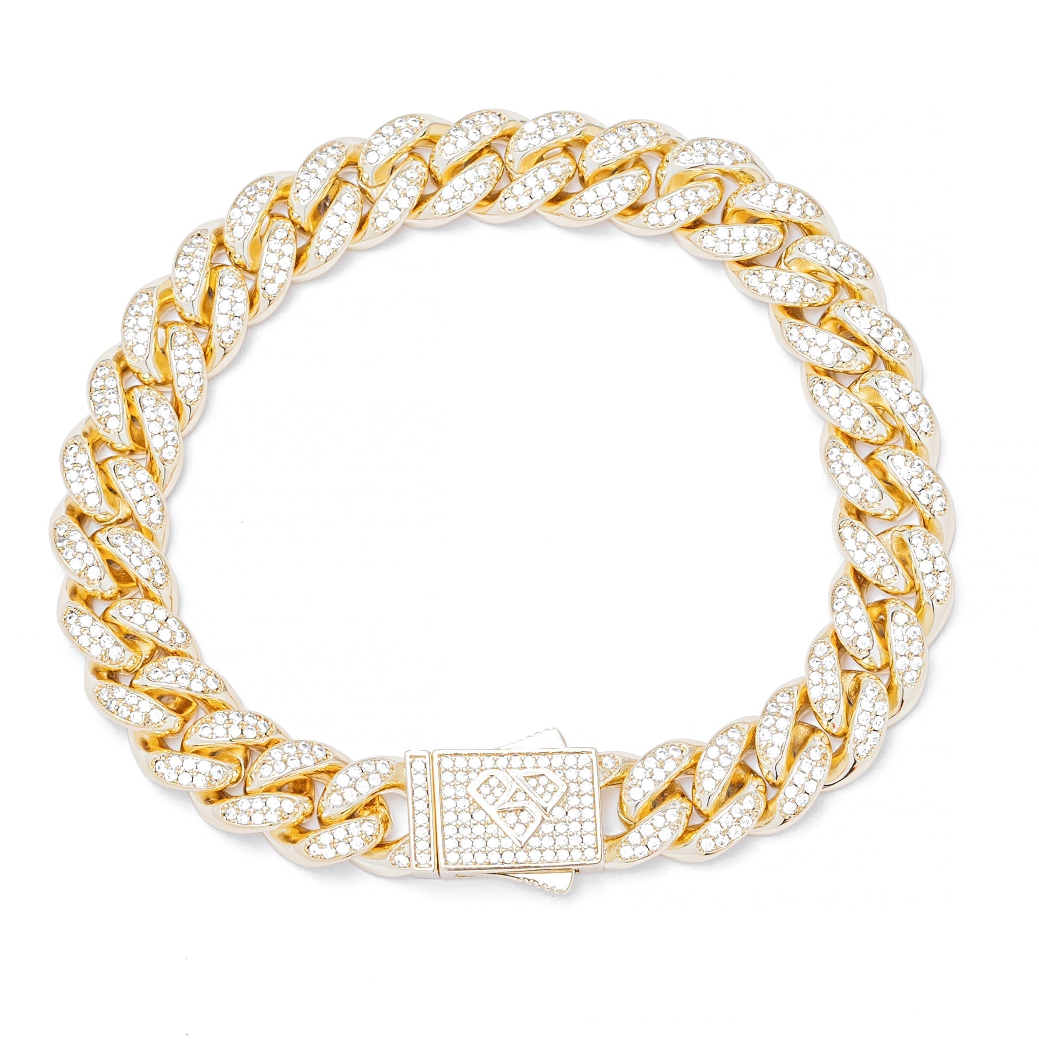 Gold 10MM iced-out Miami Cuban link bracelet with cubic zirconia stones and box clasp