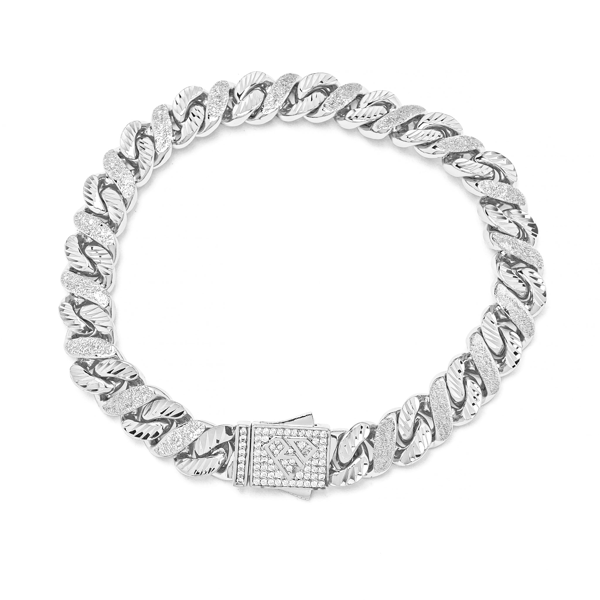 Big Daddy 10mm sandblast curb chain bracelet with diamond-set steel clasp, full front view