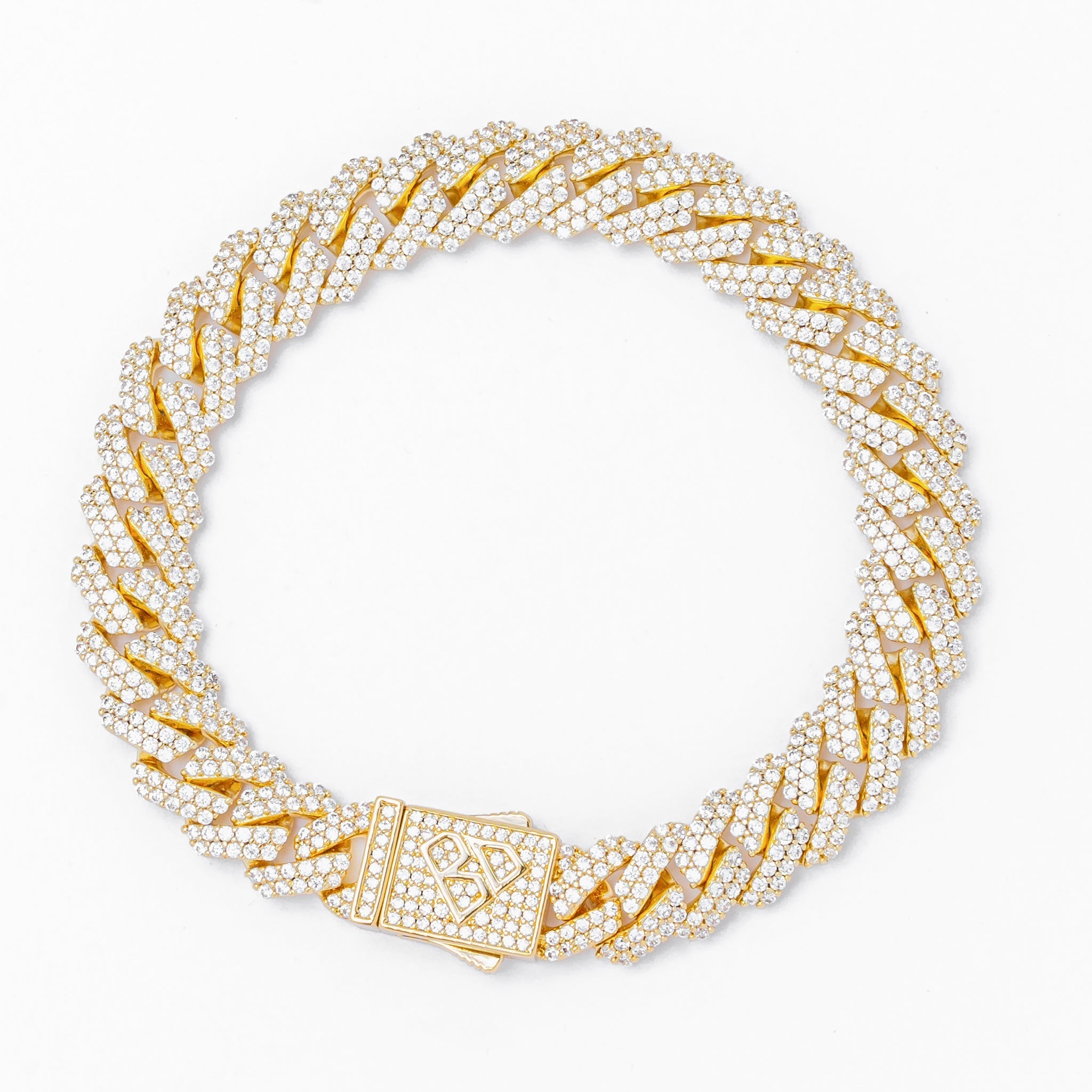 10mm straight edge Cuban diamond gold bracelet with box clasp, iced out design