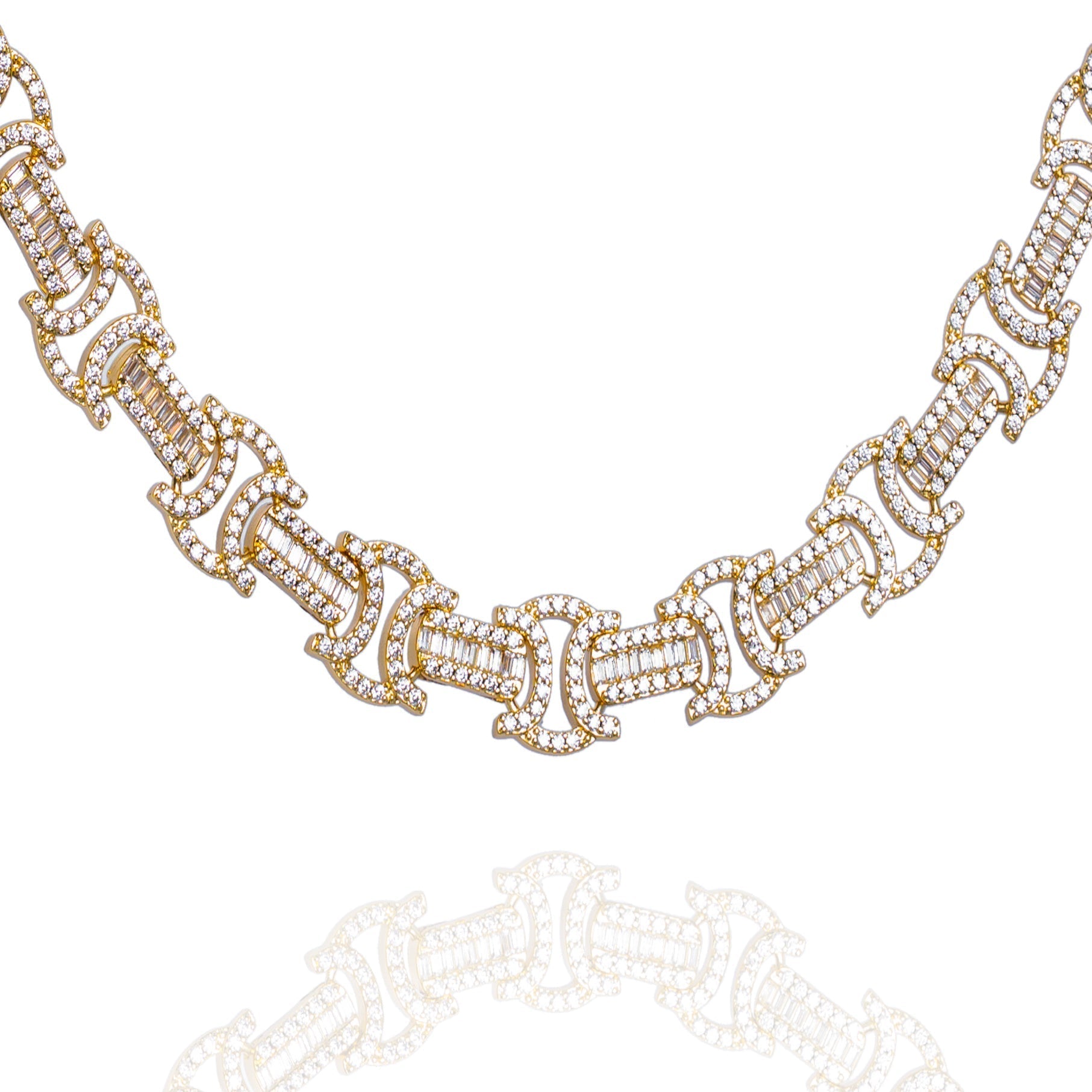 Big Daddy 12MM Baguette Byzantine gold chain with crystal-set links against white background