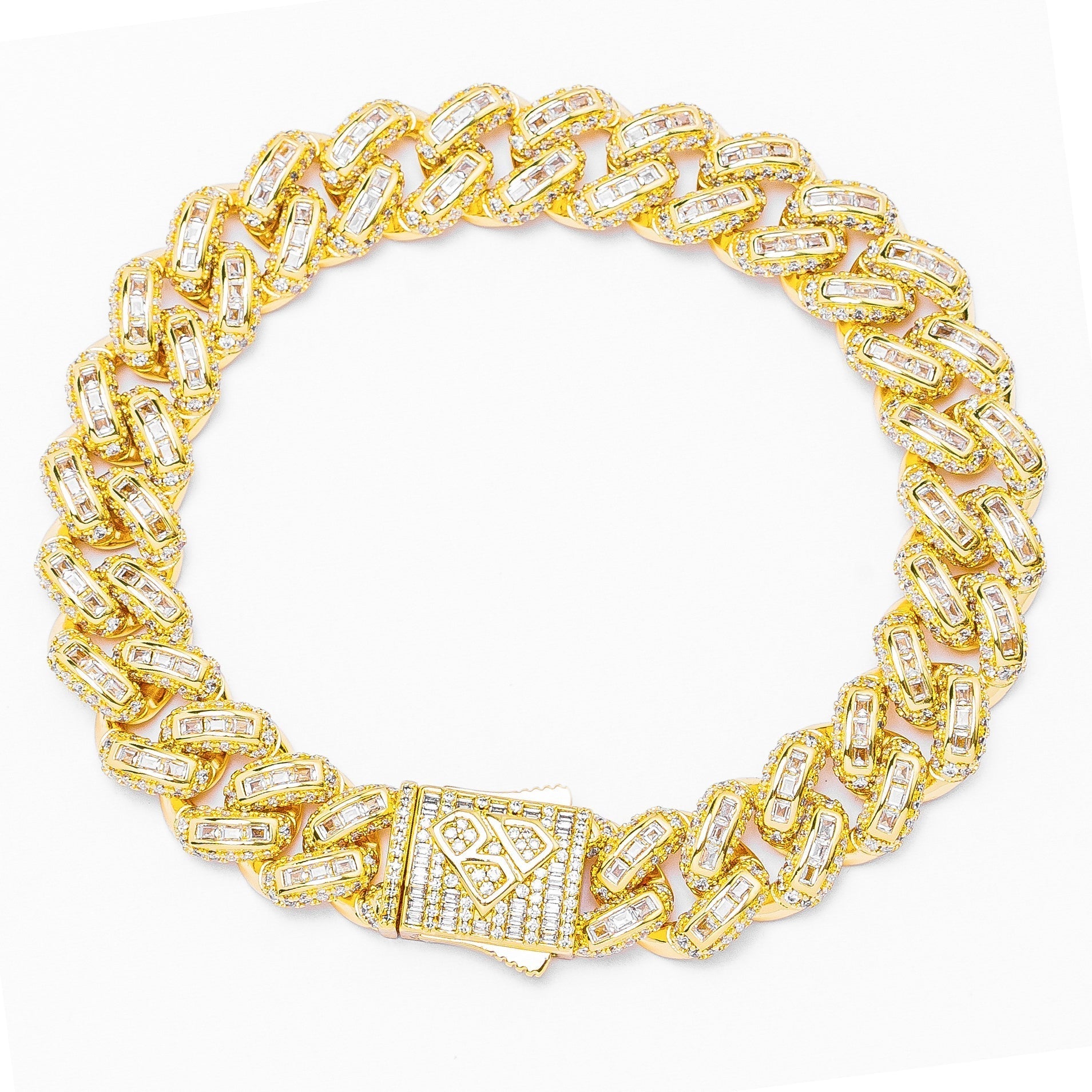 12MM baguette Miami Cuban link gold bracelet with iced-out cubic zirconia stones