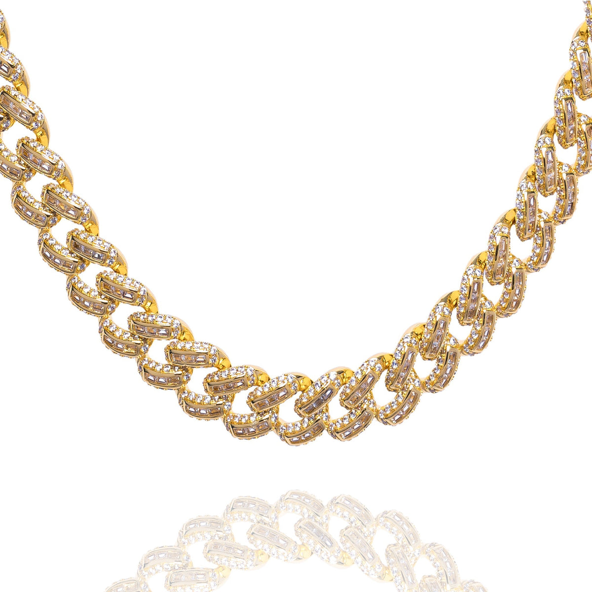 12MM baguette Miami Cuban link gold chain with iced out crystal detailing throughout