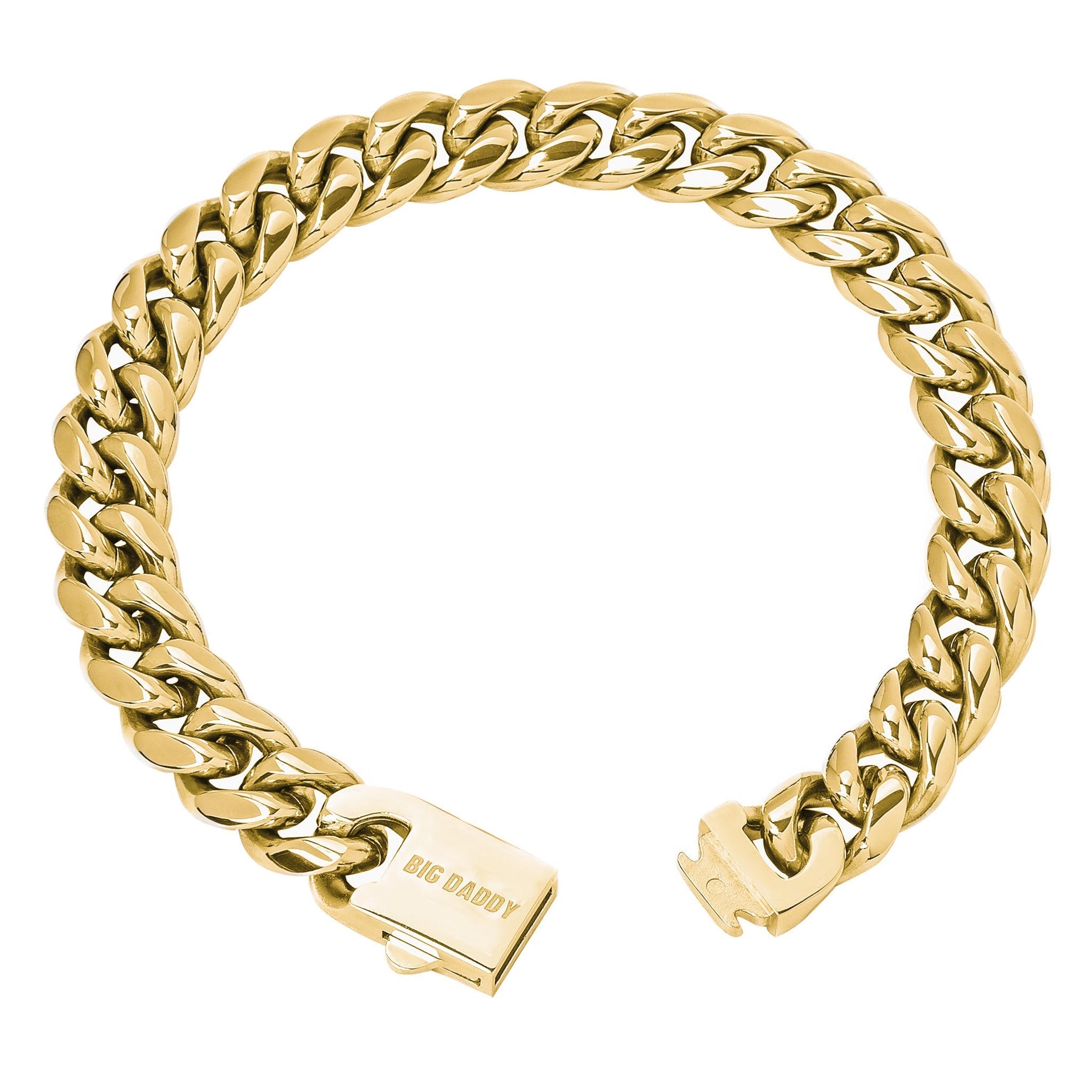 Big Daddy 12MM Cuban link 18K gold bracelet displayed at an angle showing clasp detail