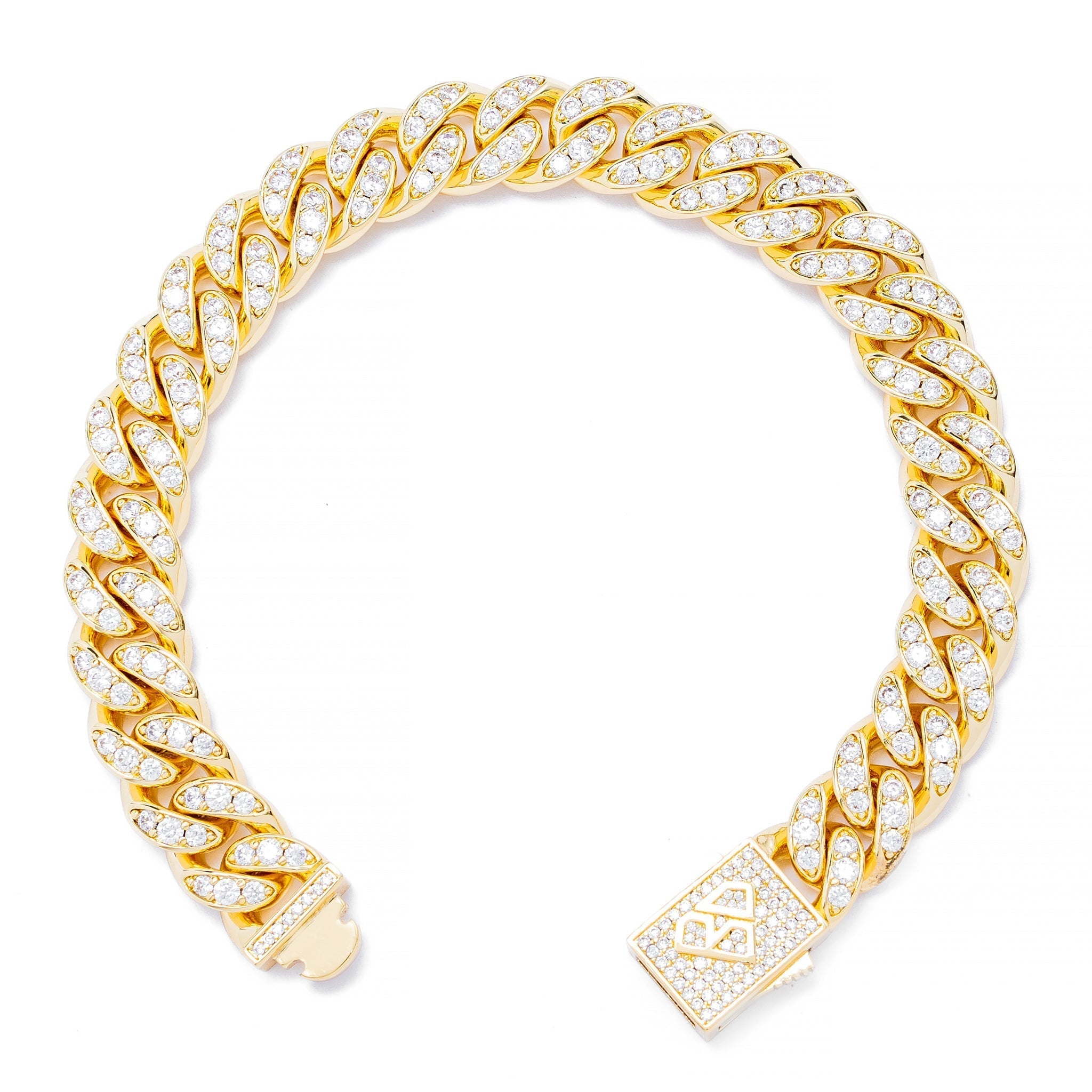 12MM Cuban link gold bracelet displayed at angle showing iced-out diamond details