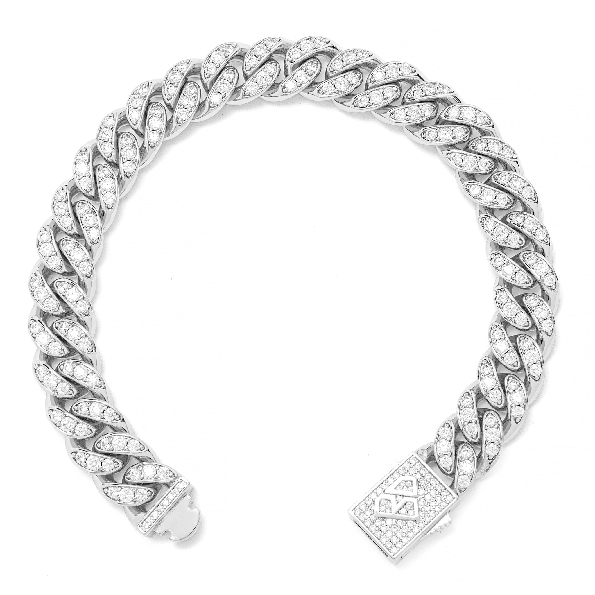12MM silver Cuban link bracelet with iced out cubic zirconia stones and box clasp