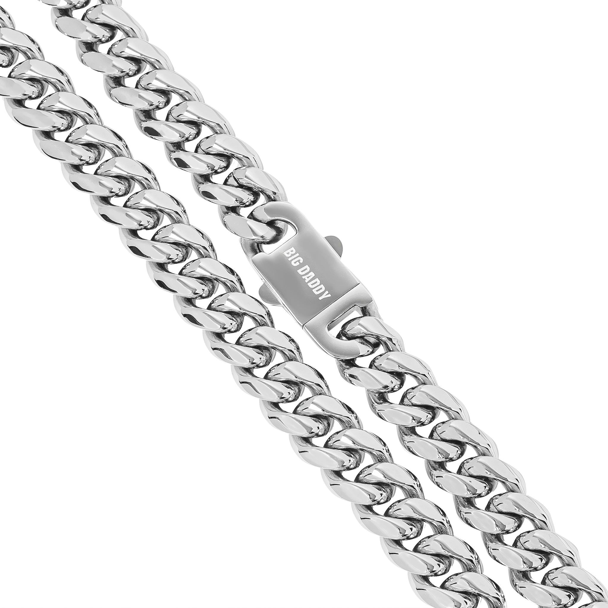 Close-up angle view of 12MM Cuban link chain showing interlocking links and clasp detail