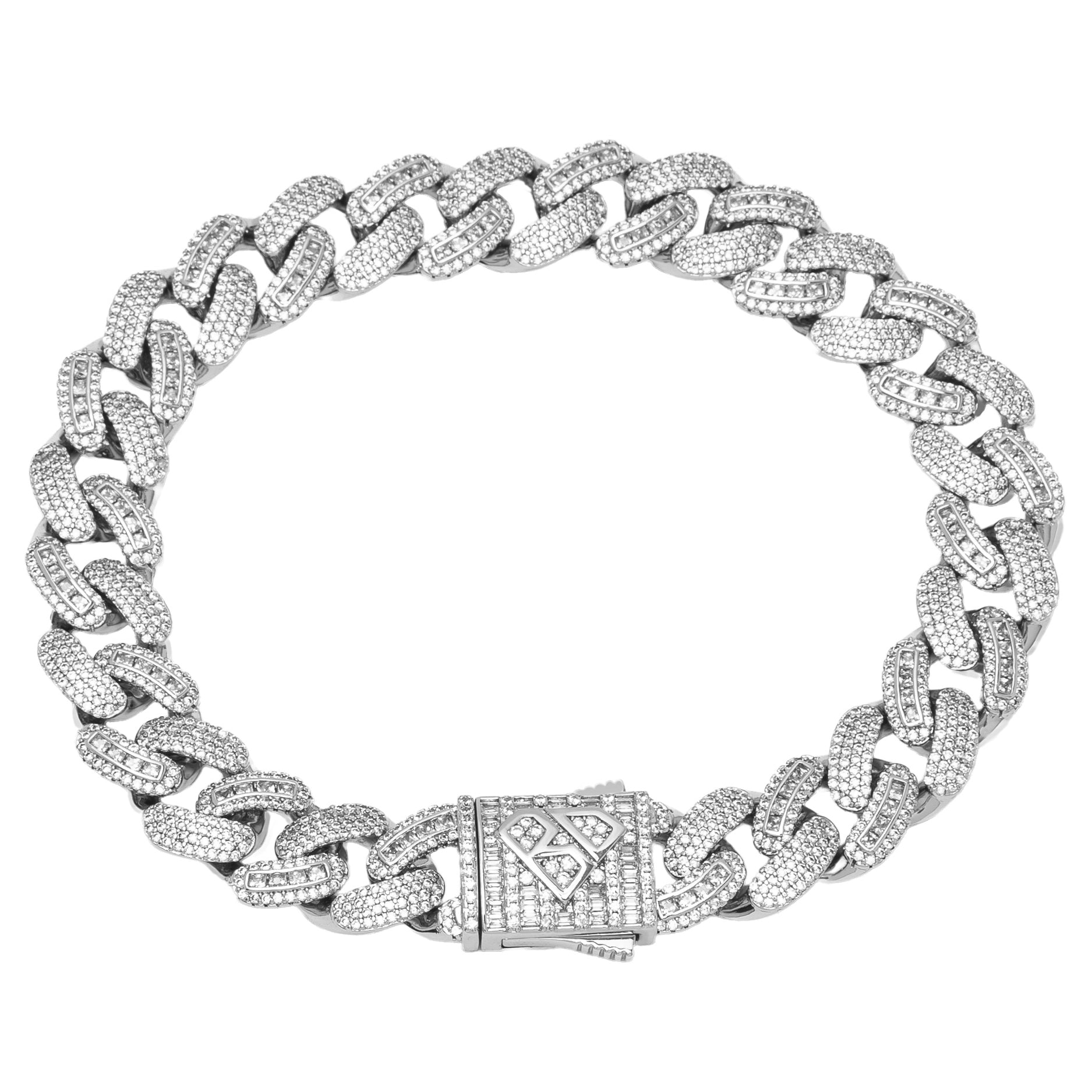 Big Daddy 12MM iced out Cuban silver bracelet with baguette and rhombus cubic zirconia stones, front view