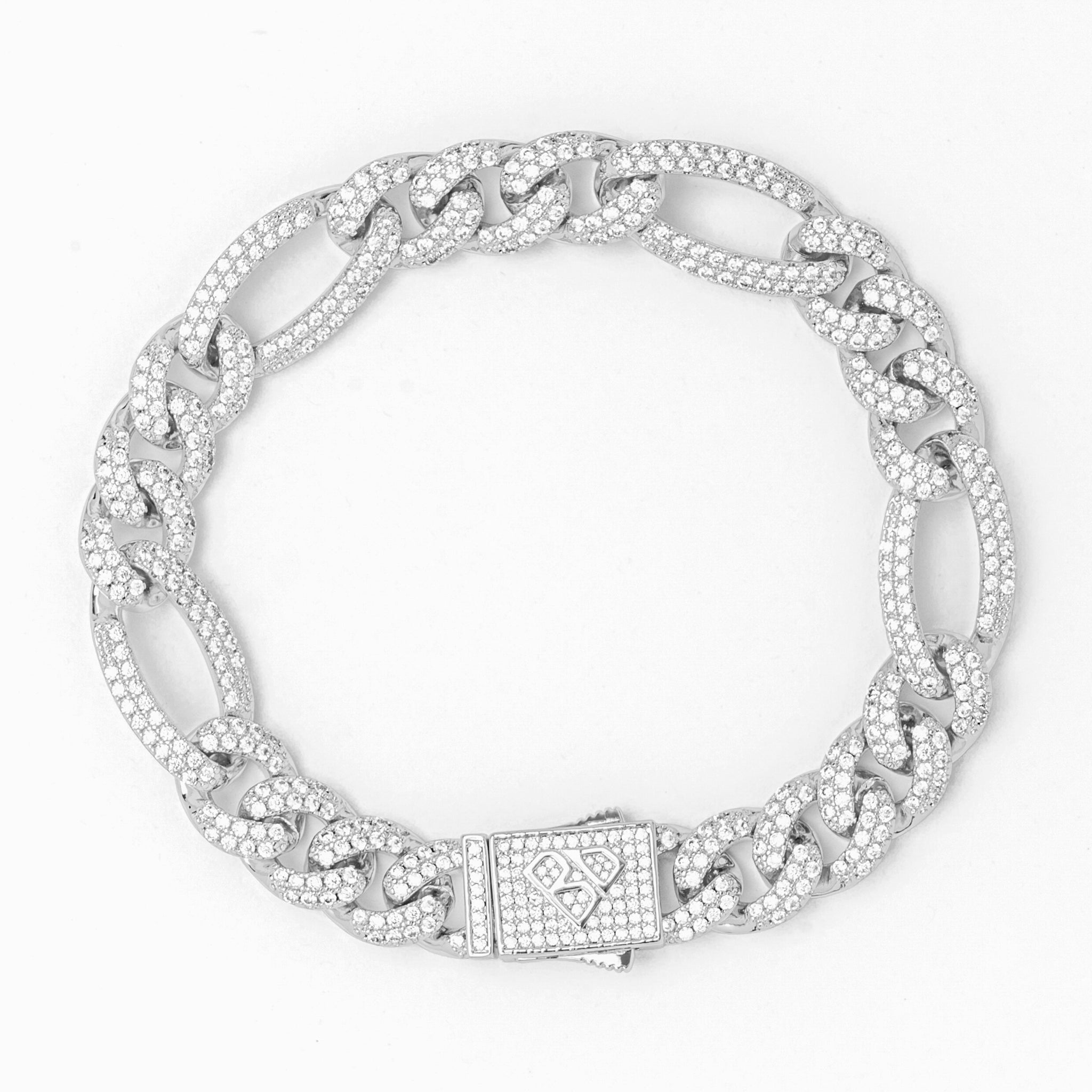 Big Daddy 12MM iced figaro silver bracelet with diamond-encrusted curb links and box clasp