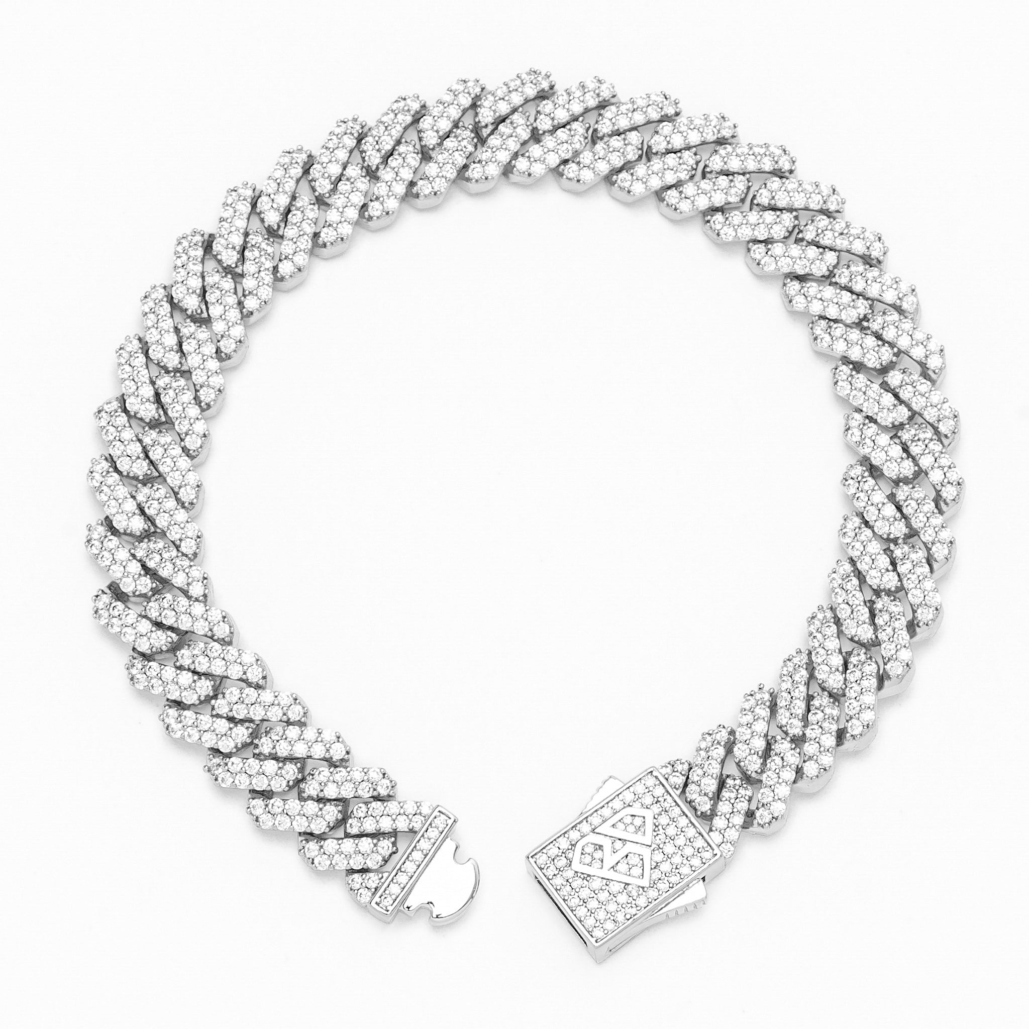 12MM Cuban link silver bracelet with diamond-like cubic zirconia embellishment throughout