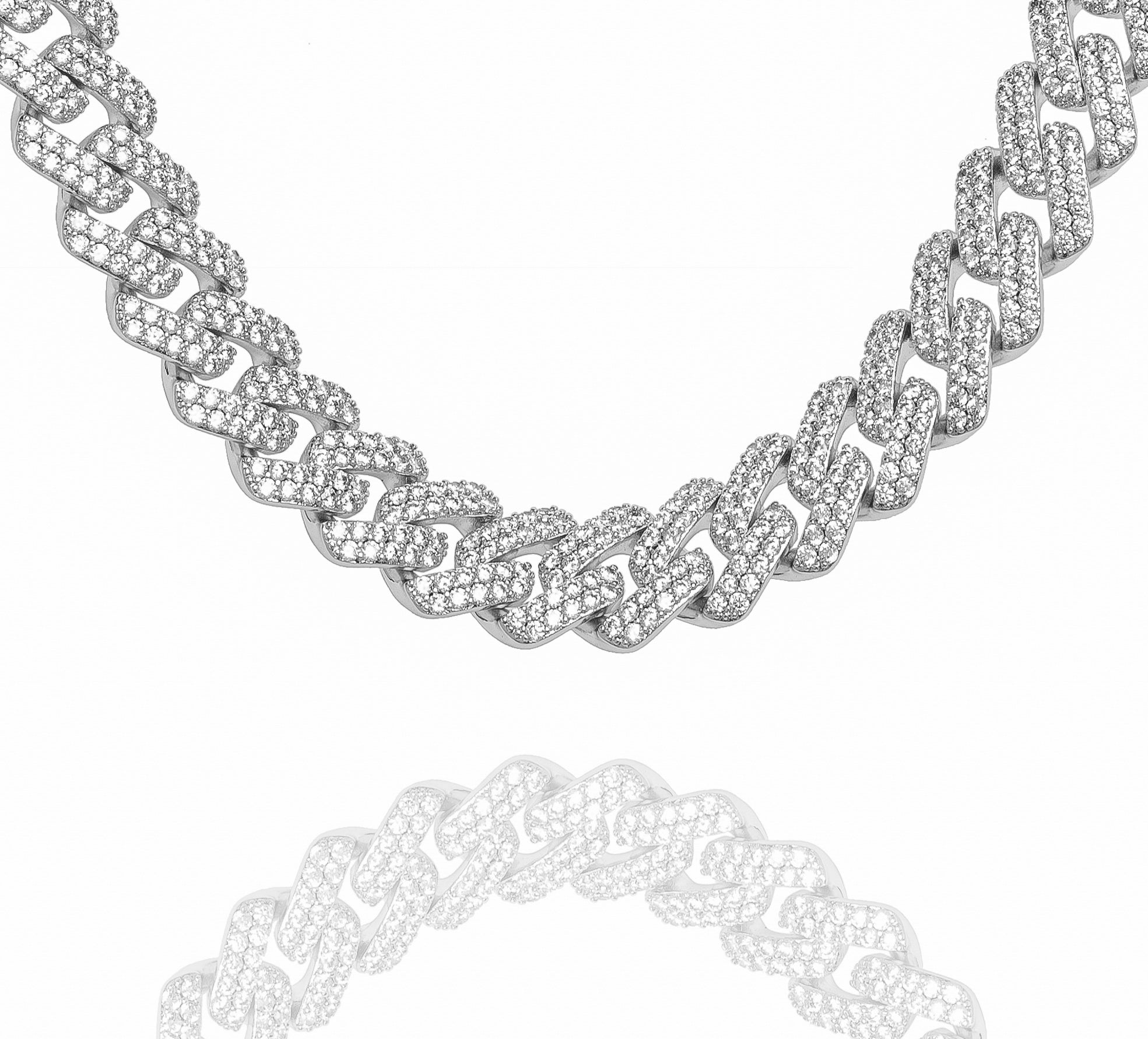 Big Daddy 12MM full iced out Cuban silver chain displayed against white background