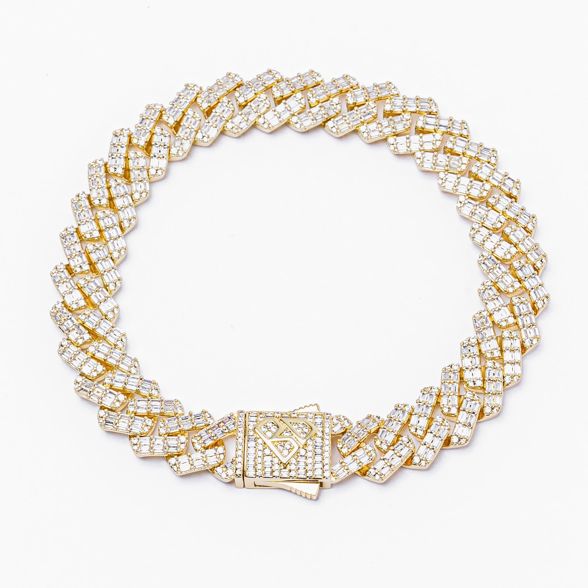 Big Daddy 12MM gold Cuban link bracelet with baguette diamonds in iced out design